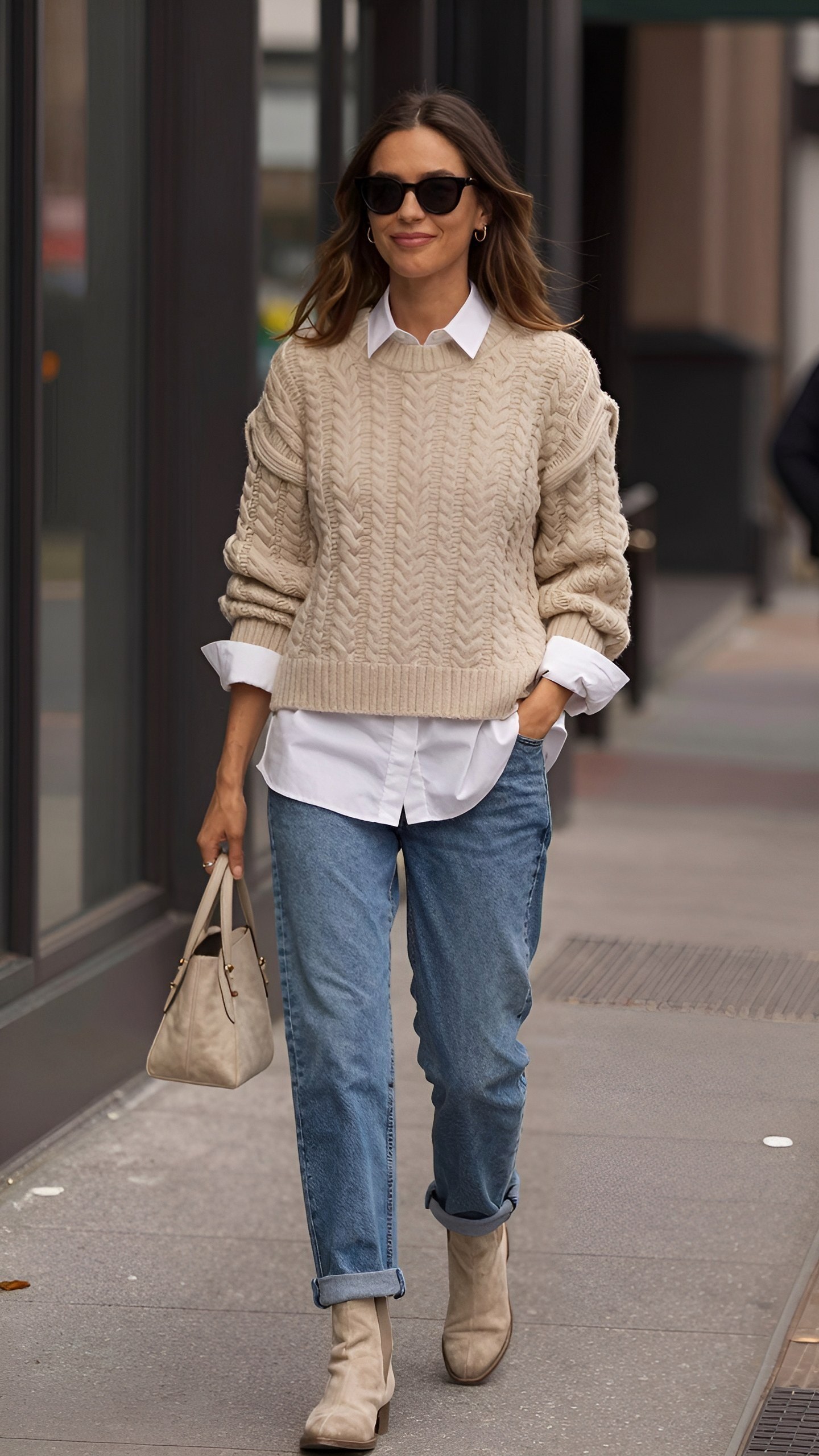 Pairing a Cable Knit Sweater With a Crisp White Shirt