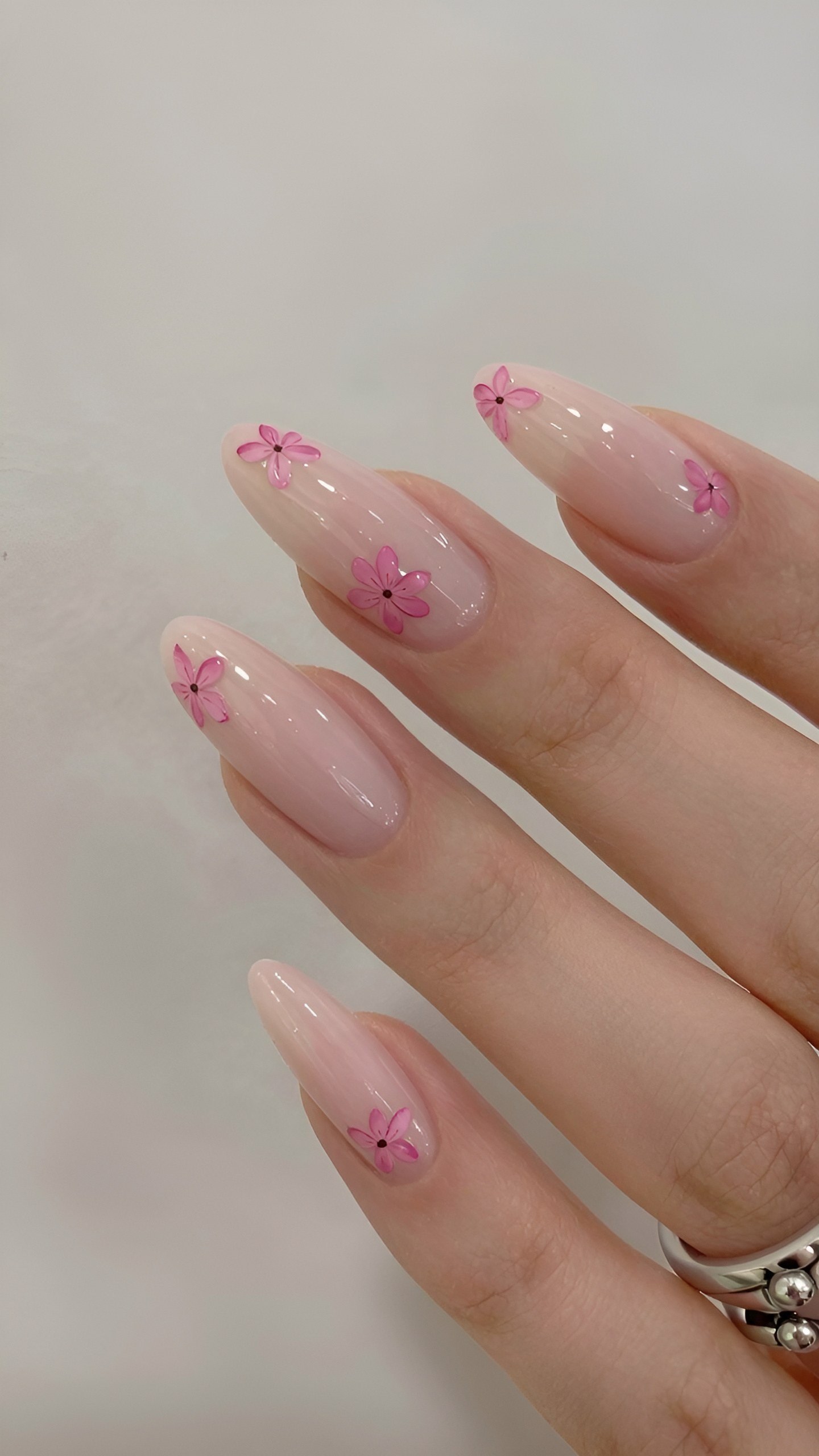 Simple Pink Floral Almond Nails for Summer