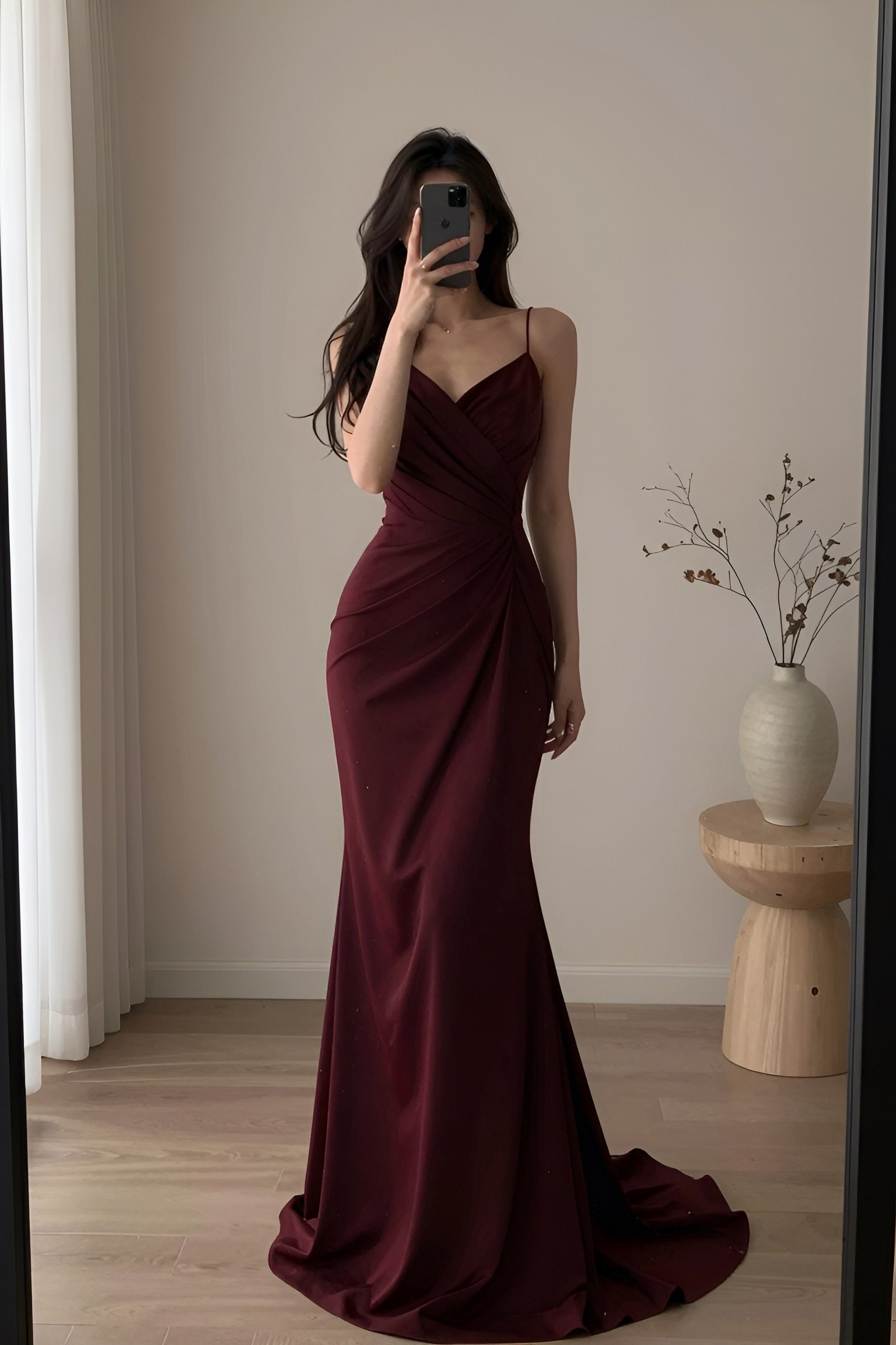 Choosing a Sleek Spaghetti Strap Dark Red Gown