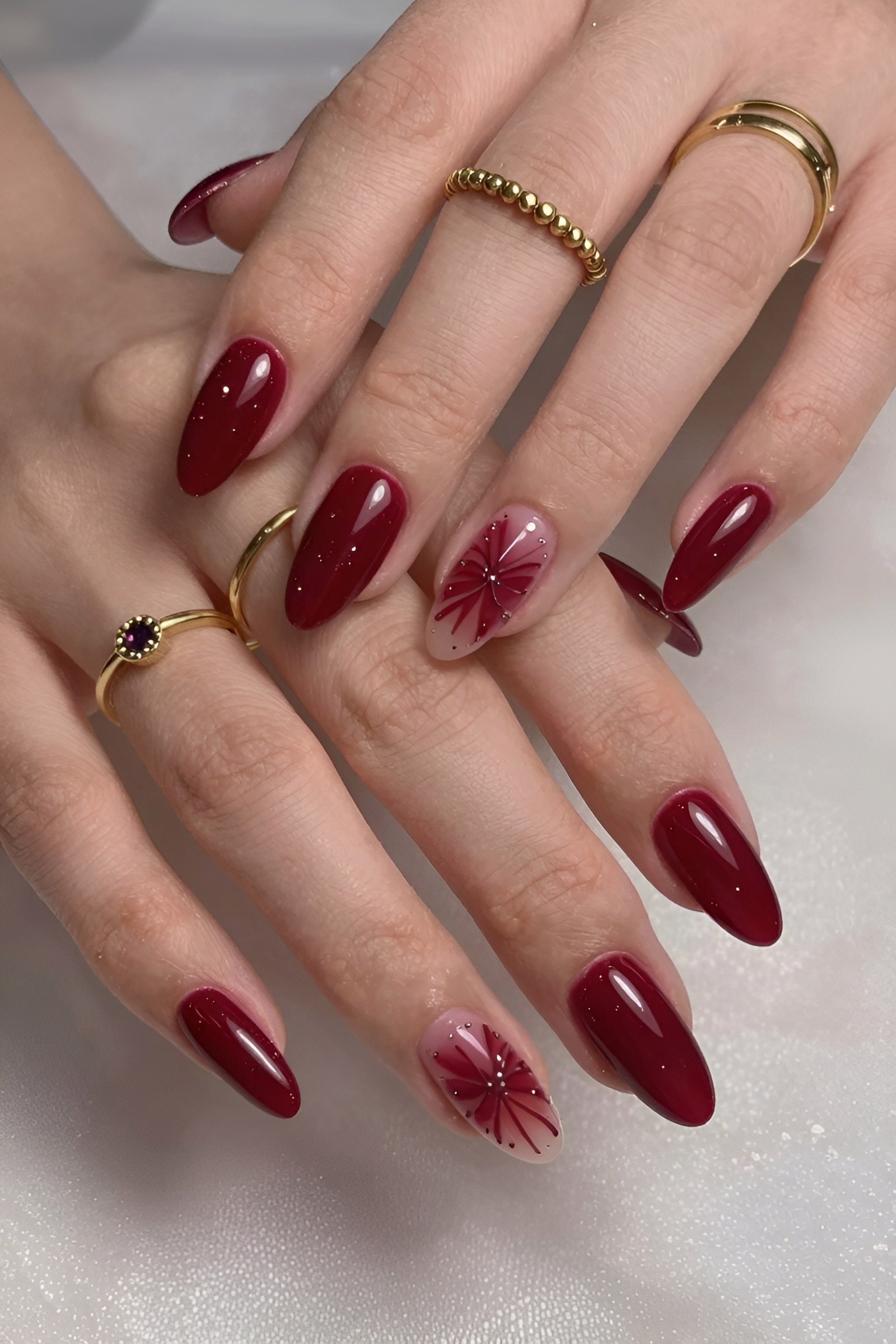 Deep Red Nails with Accent Bow Art