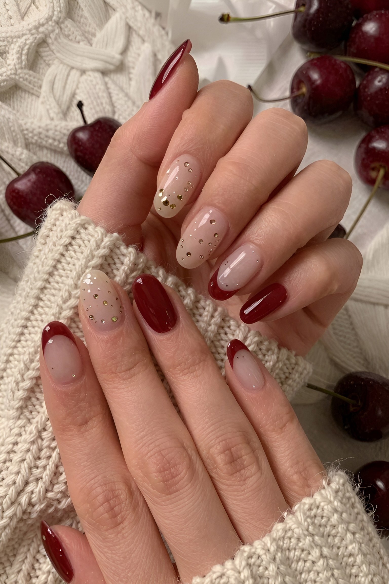 Deep Red and Gold Accent Fall Manicure