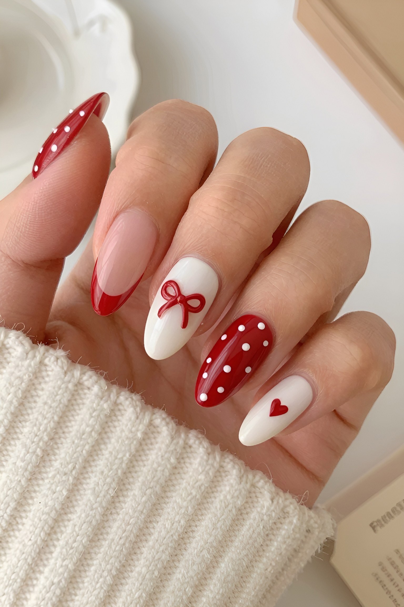Charming Red And White Polka Dot And Bow Nail Art