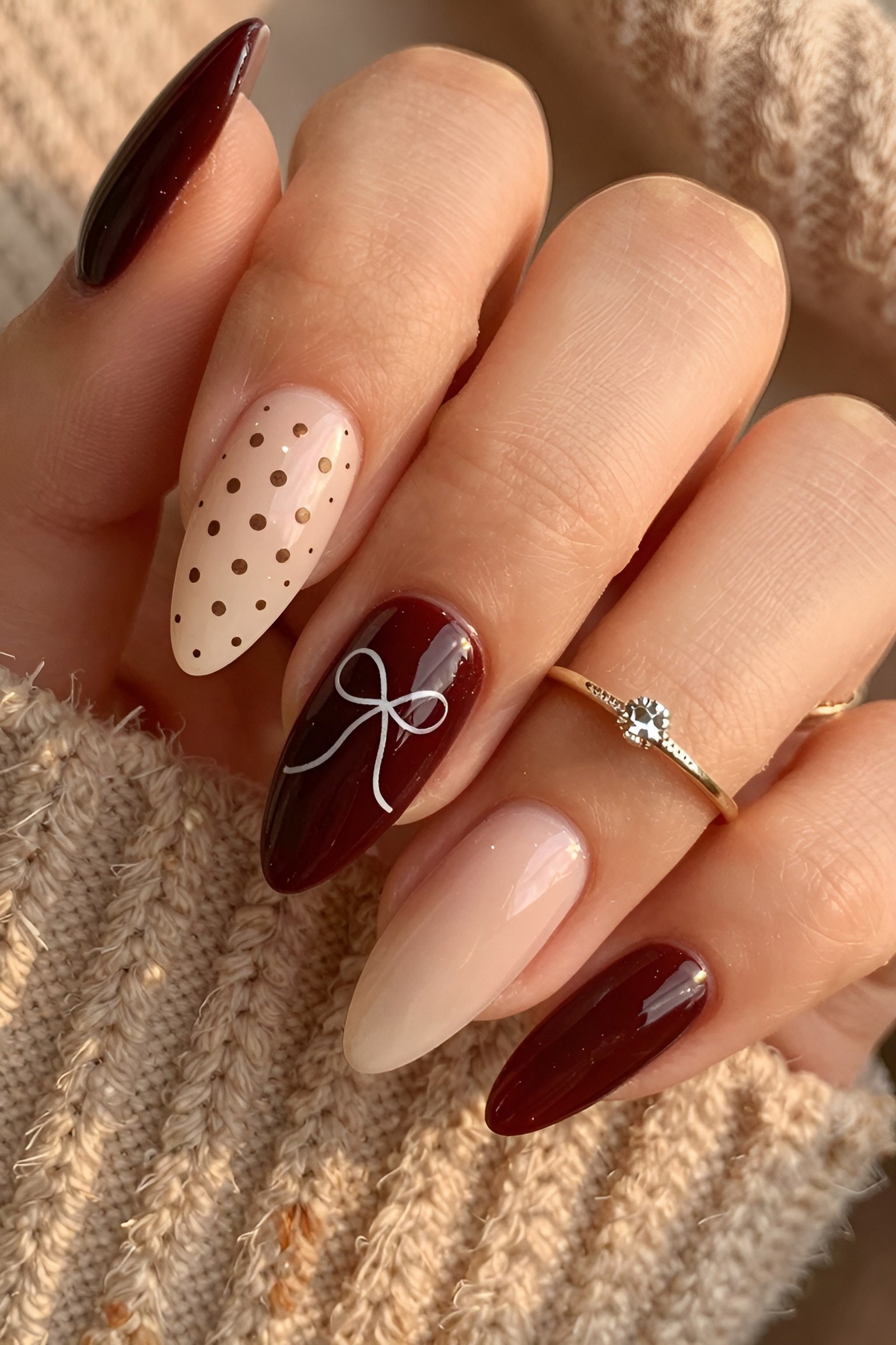 Chic Burgundy Bow Accent Nails For Fall