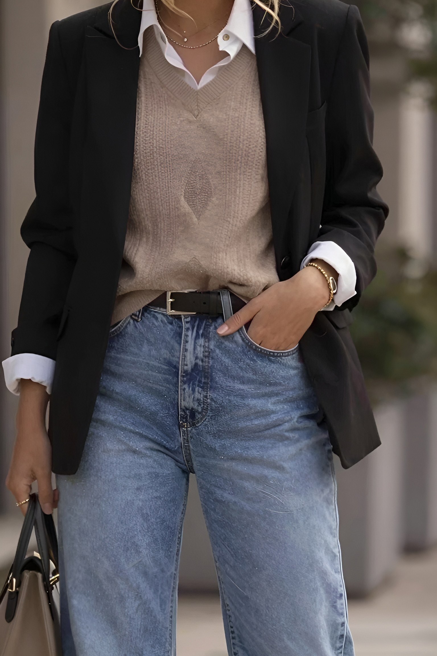 Layering a Sweater Vest Over a Button-Down Shirt with Jeans