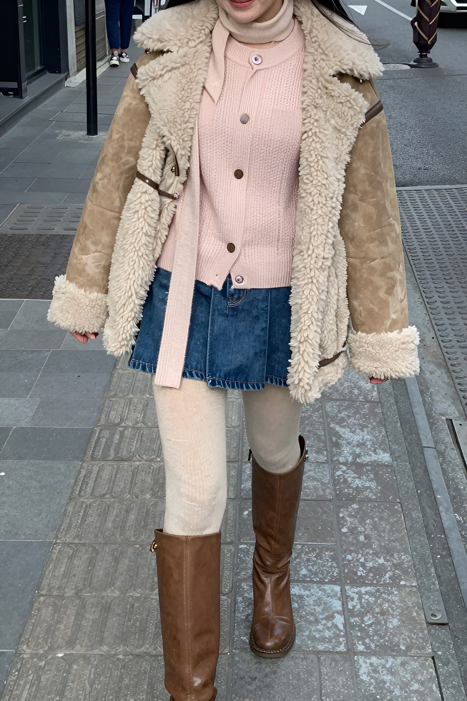 Pairing Denim Mini Skirts with Shearling Jackets