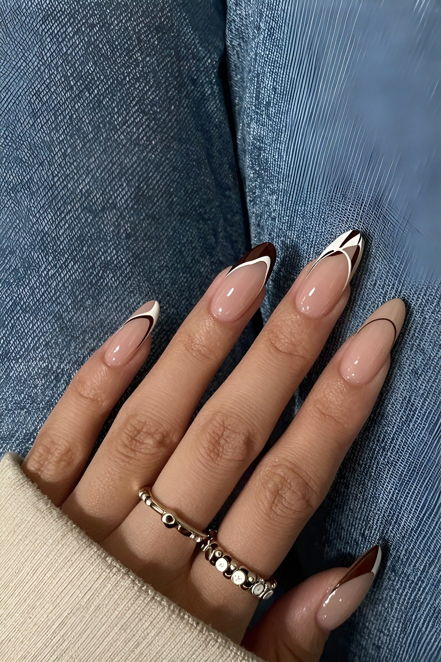 Minimalist Brown Swirl French Tip Nails