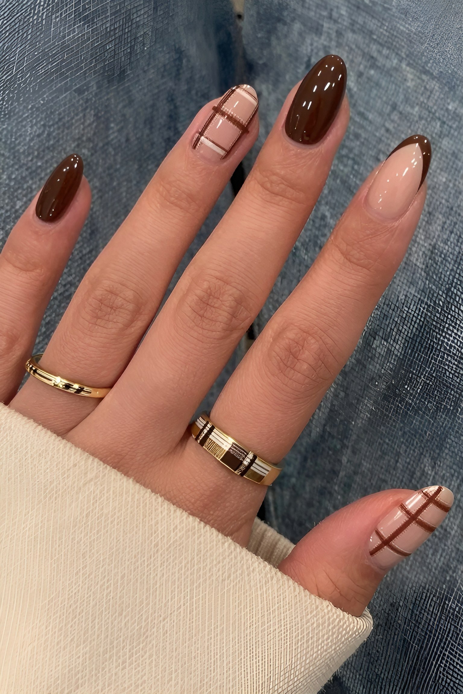 Mixing Solid Brown Polish With Plaid Nail Art