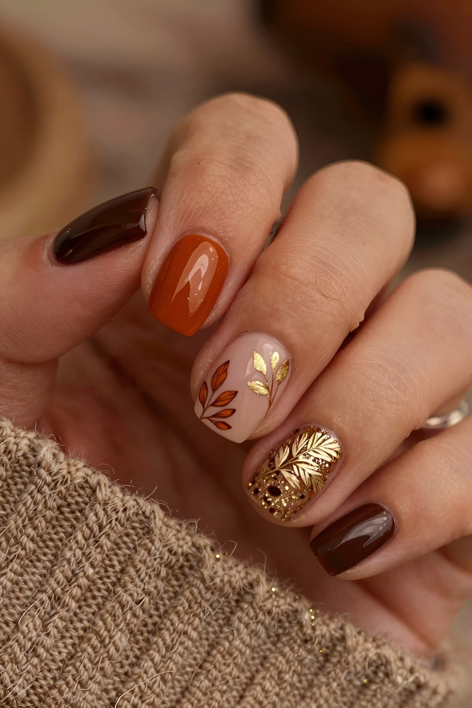 Adding Metallic Leaf Accents to Autumn Nails