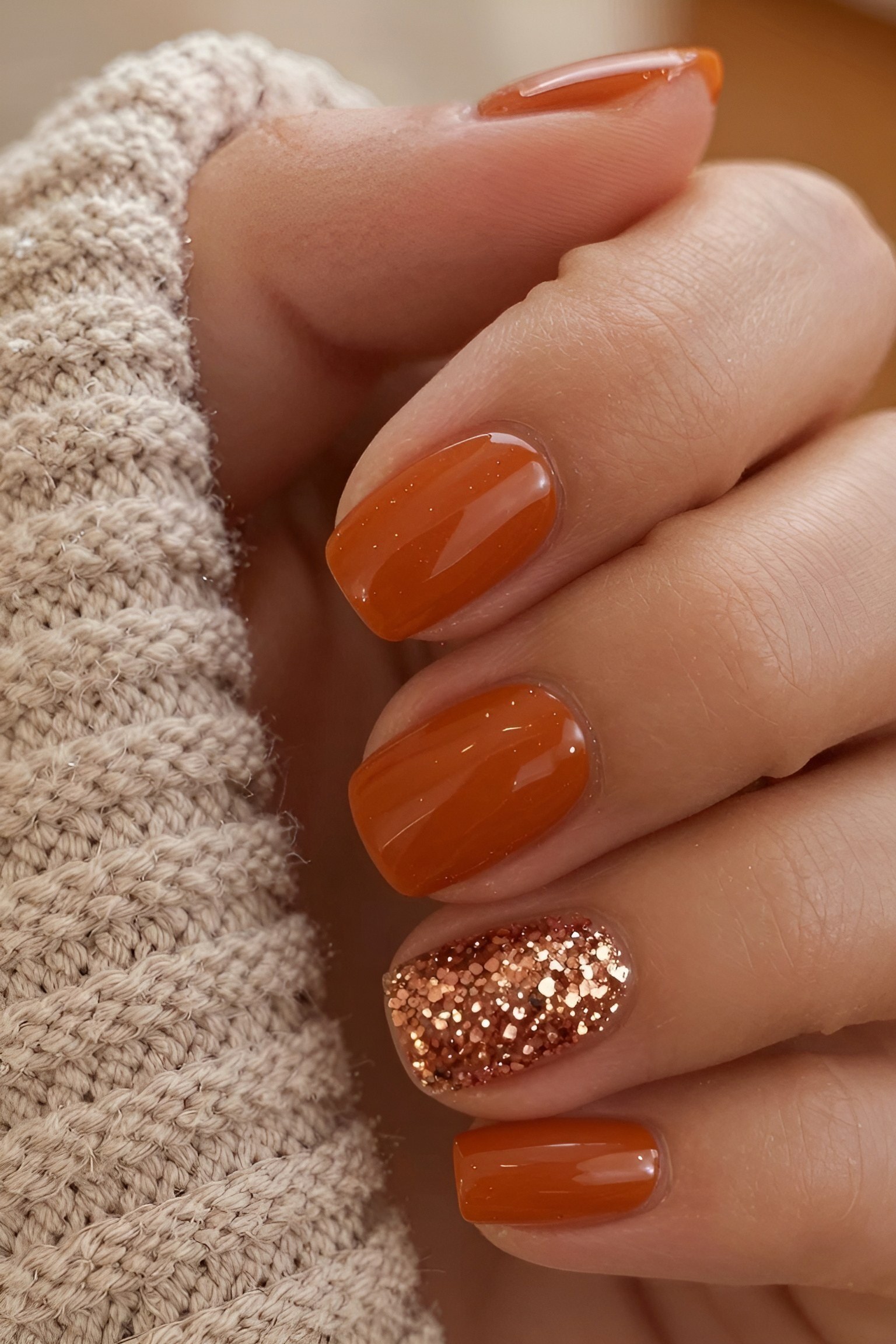 Warm Autumn Orange Nails with a Single Glitter Accent Nail
