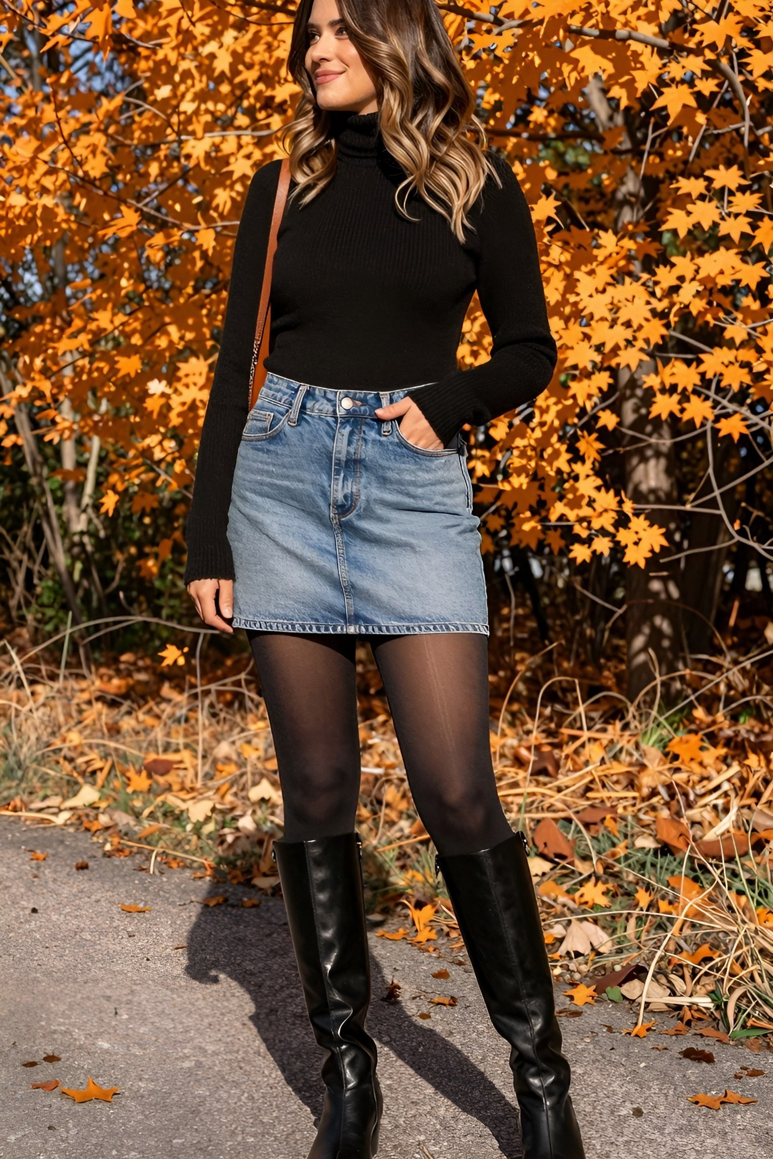 Pairing a Turtleneck Sweater with a Denim Skirt