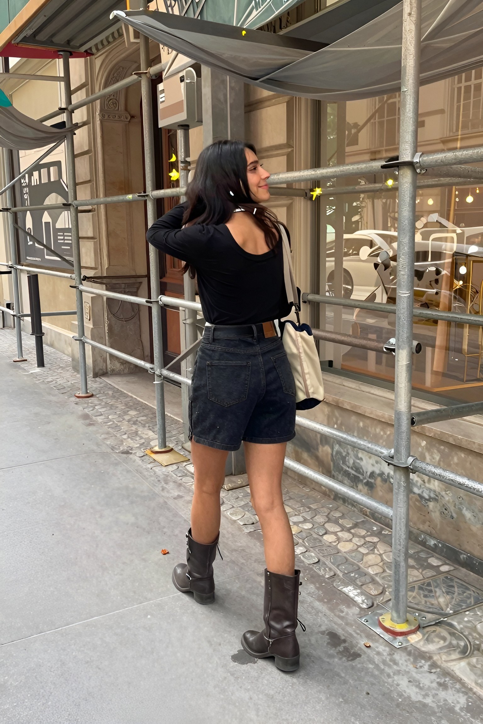 Pairing Mid-Calf Boots with Denim Shorts for City Walking