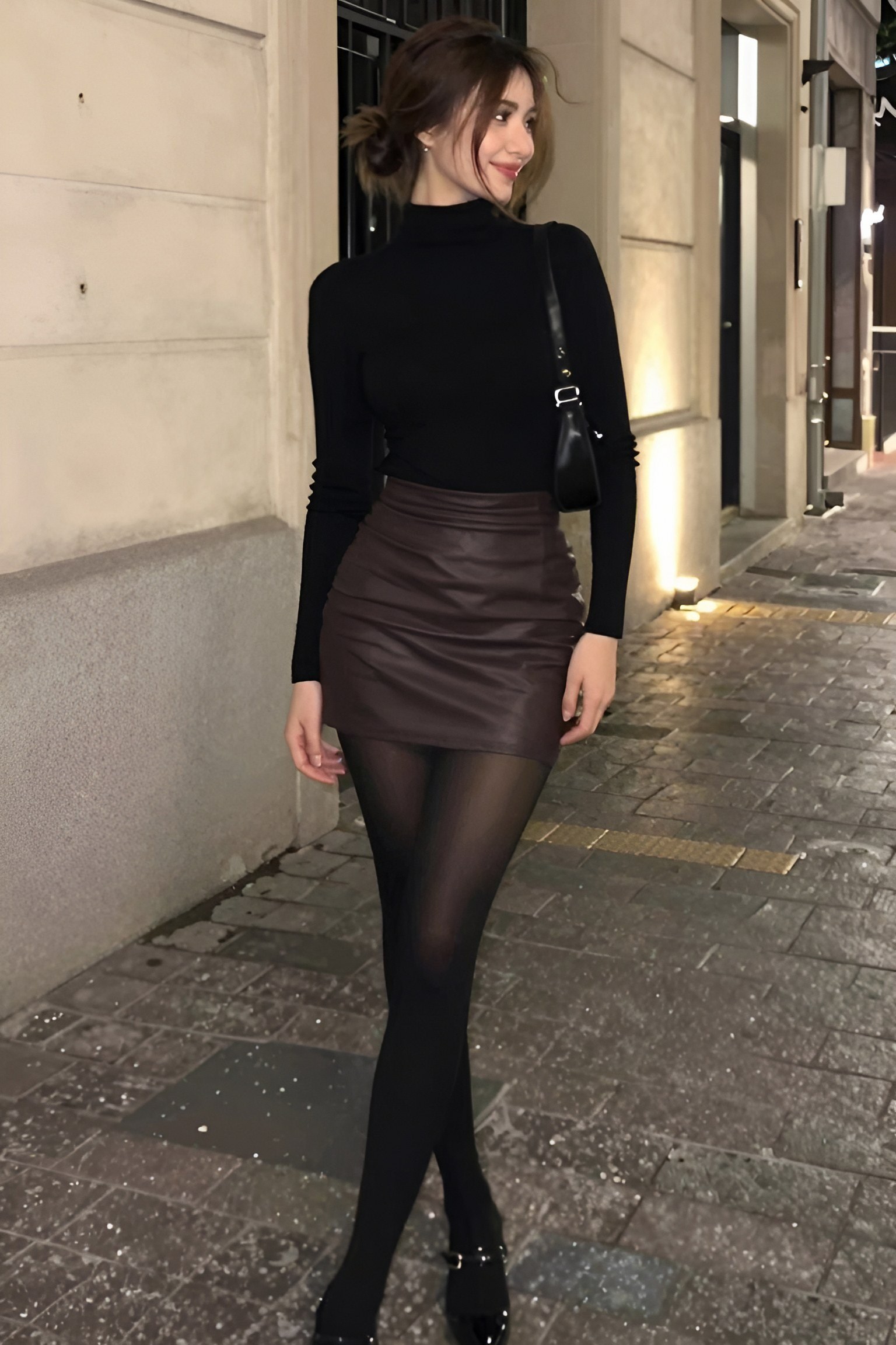 Styling a Dark Turtleneck with an Espresso Leather Skirt