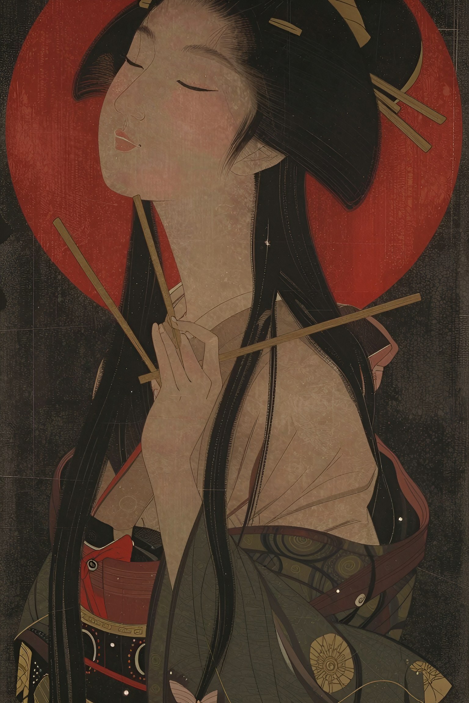Minimalist Red Sun Geisha Portraits for Mobile Screens