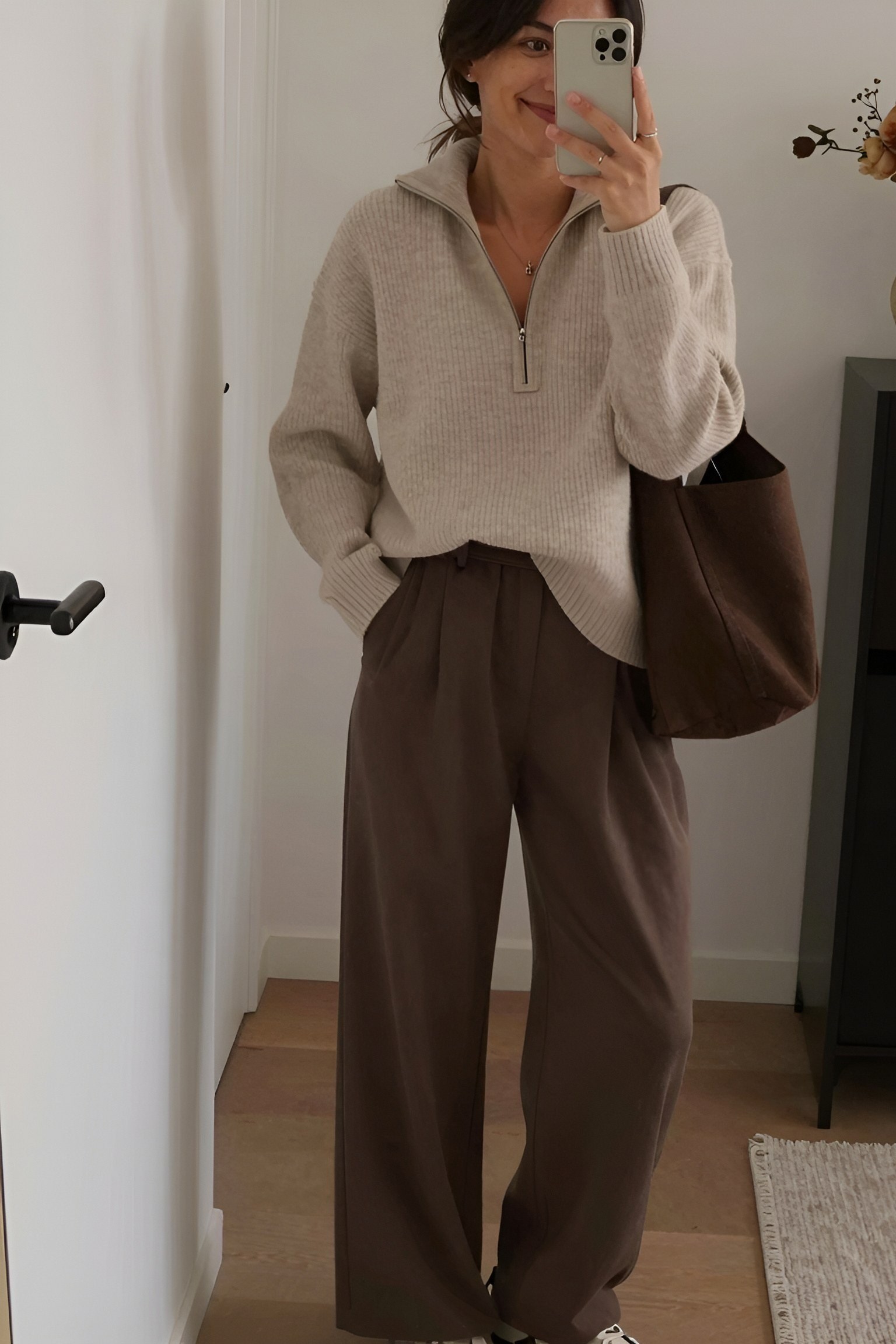 Styling a Cream Half-Zip Knit with Brown Trousers