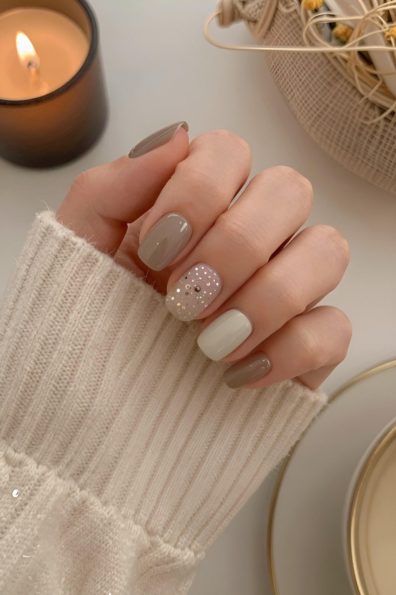 Neutral Taupe and Cream Nails with Sparkle Accents