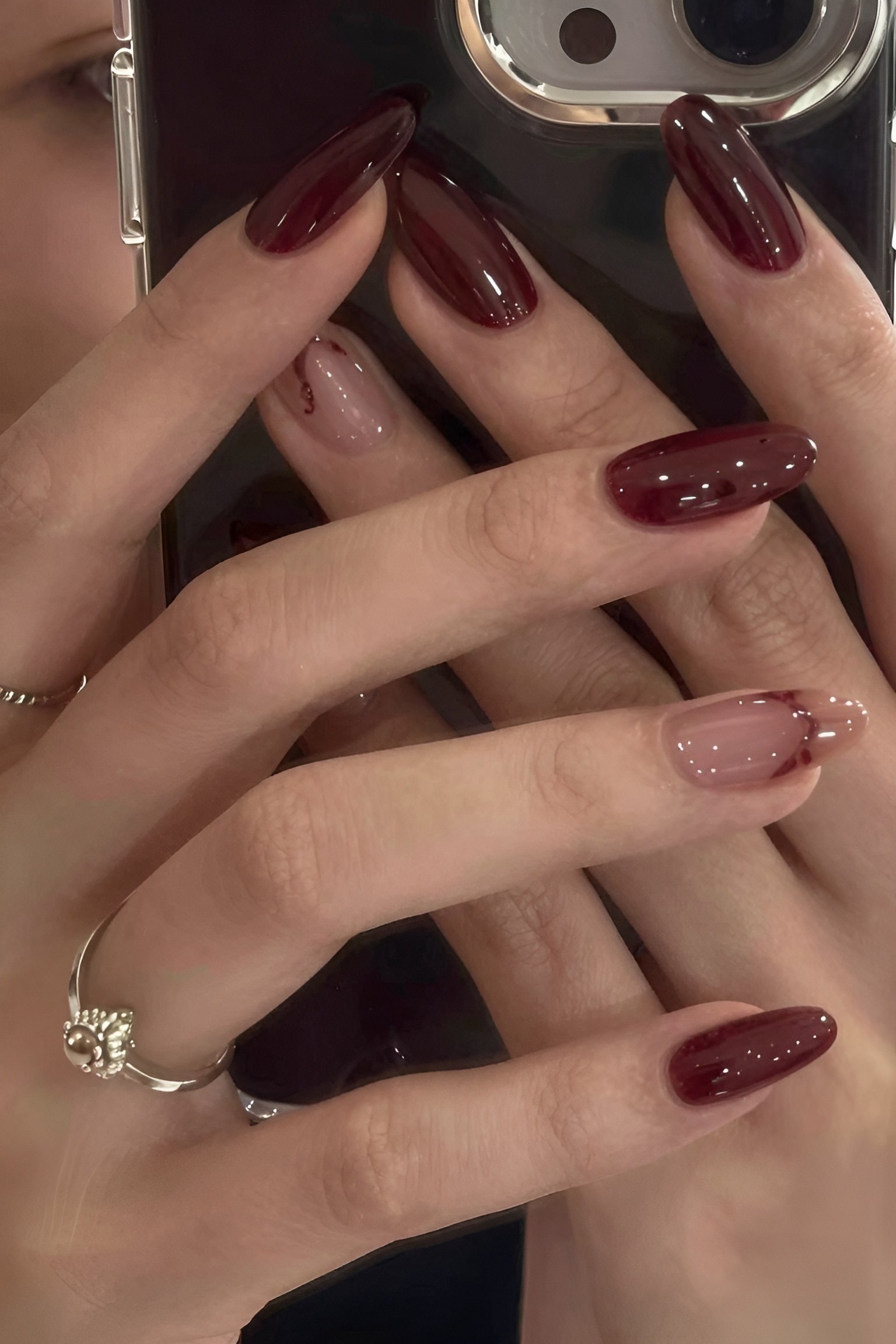 Deep Burgundy Polish With Accent Nail Art