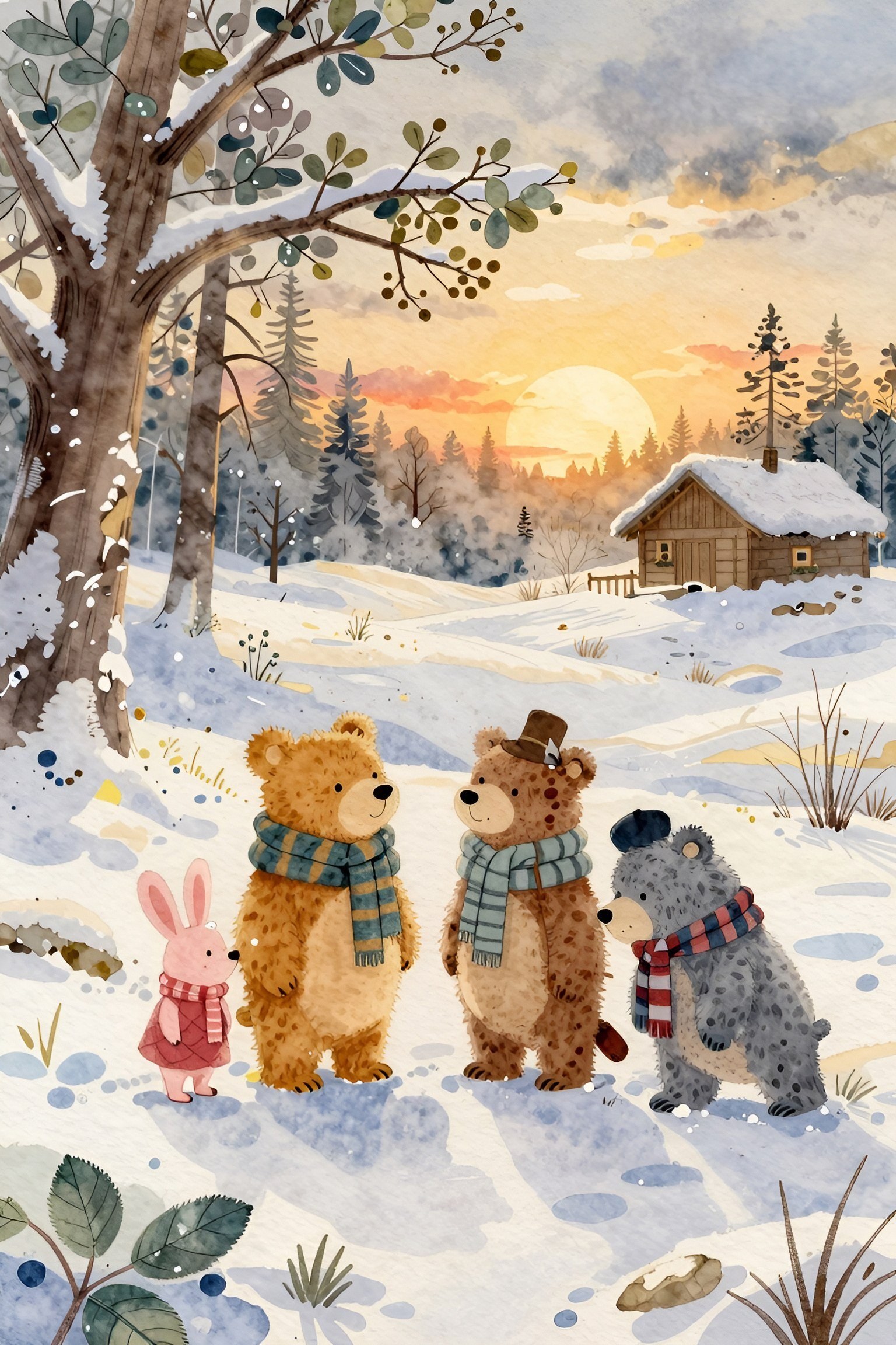 Cozy Animal Illustrations for Winter Phone Wallpapers