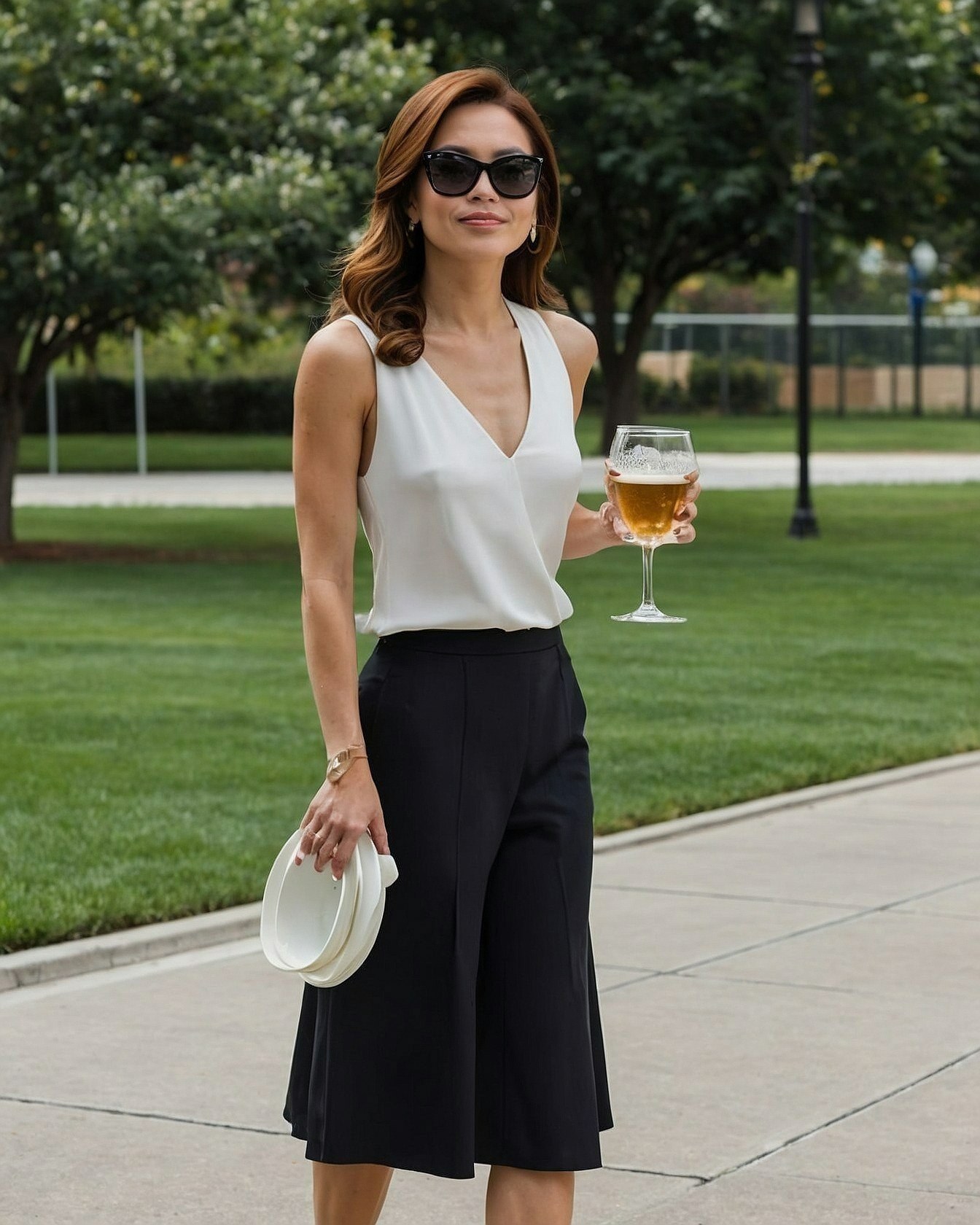 Sleeveless white drape with black culottes beside the garden walk