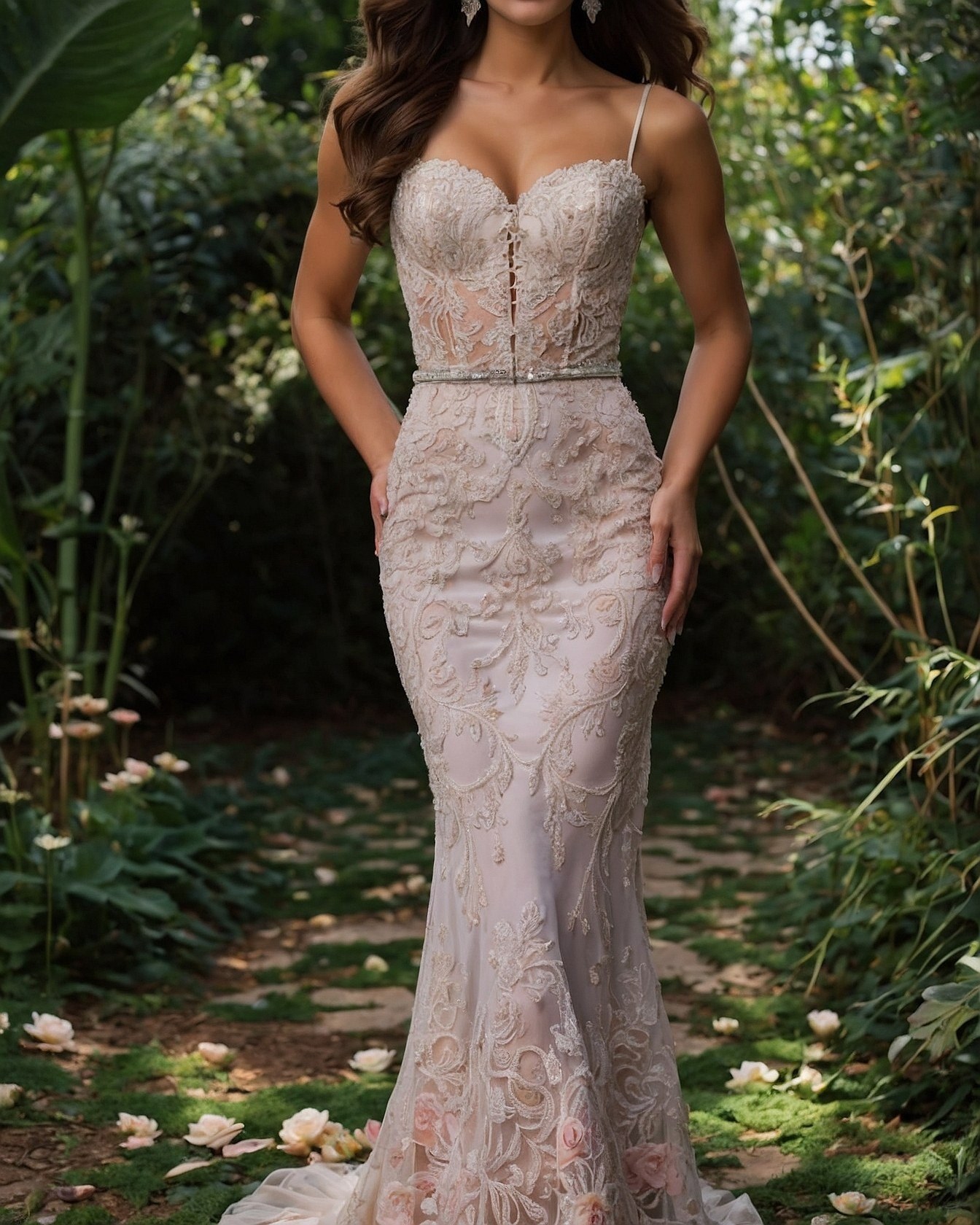 A Lace Corset Gown Amidst a Lush Garden Path
