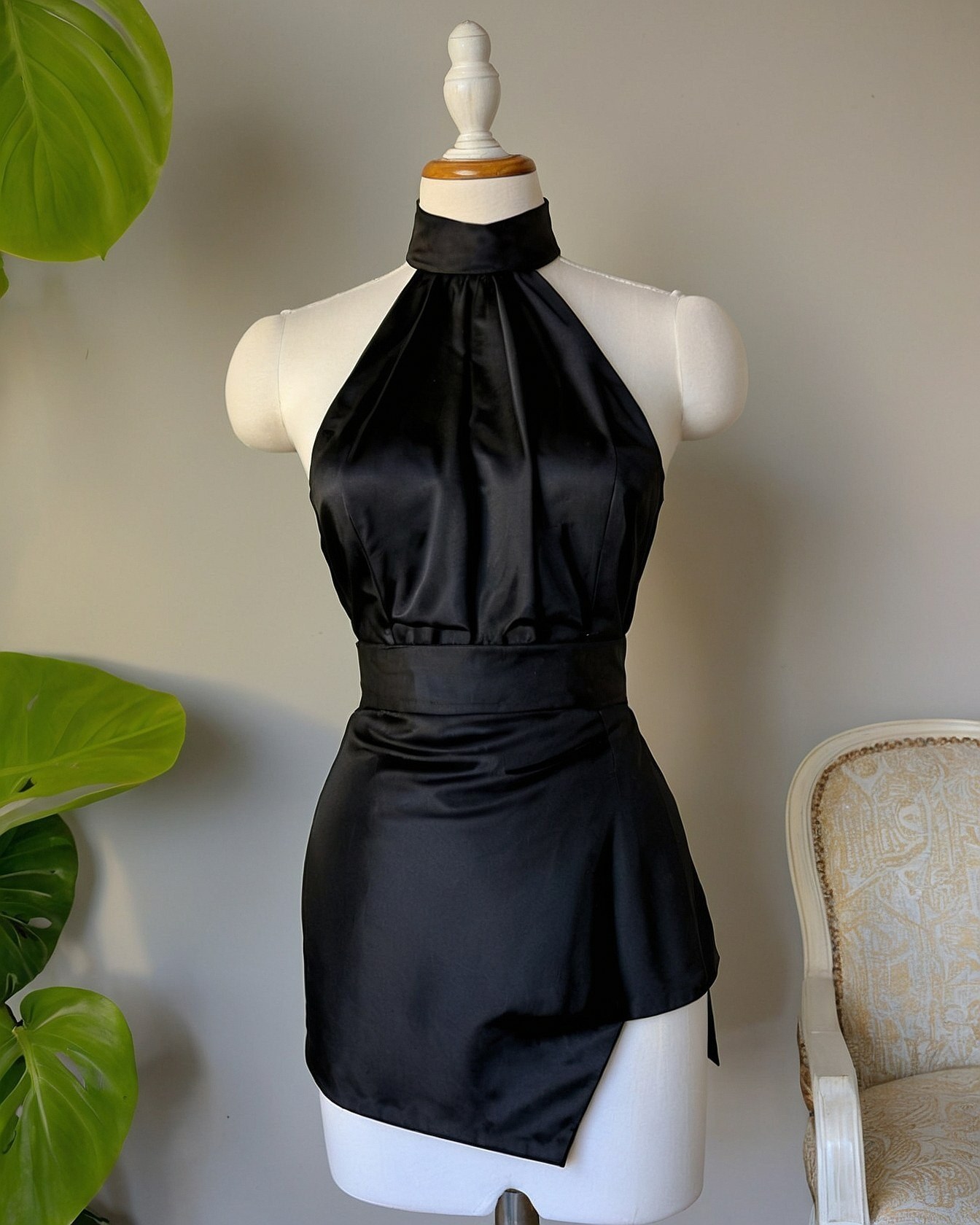 Satin Halter Top and Asymmetrical Skirt Combination