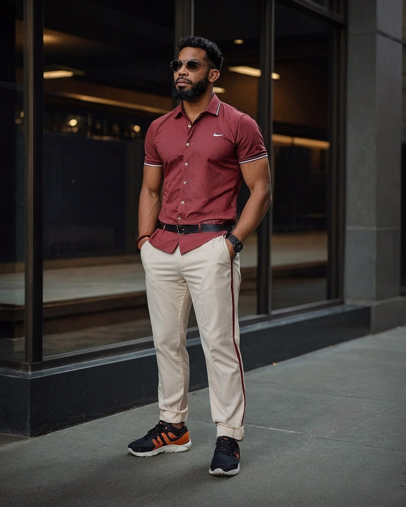 A Bold Red Polo Shirt with Cream Trousers