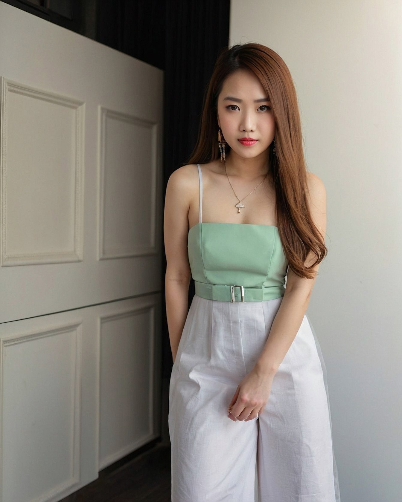 Mint and White Wide-Legged Pants Ensemble