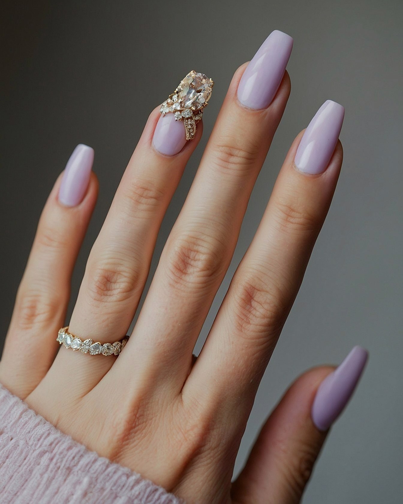 Lavender Coffin Nails with a Dazzling Statement Ring