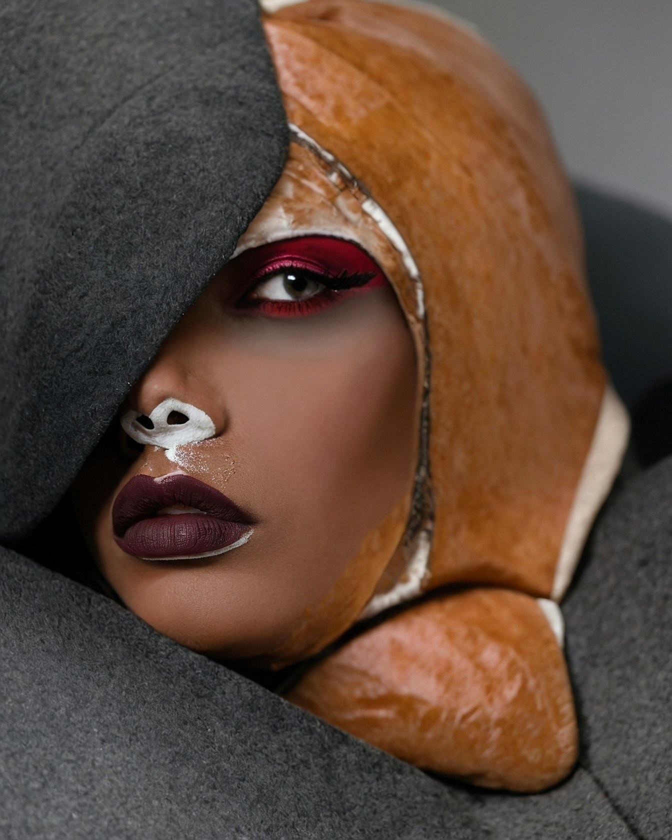 Dramatic Close-Up of Bold Makeup and Textured Hood