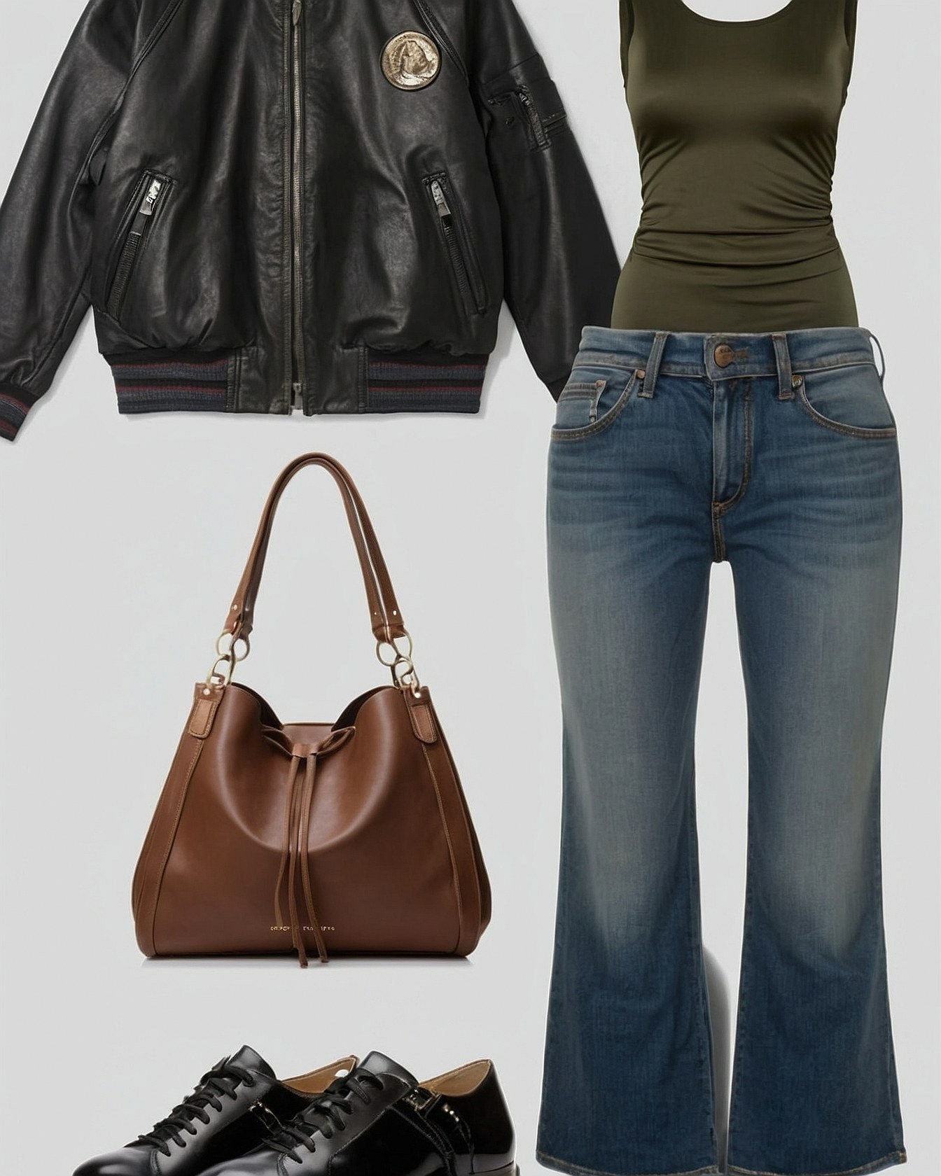 Leather jacket, bell bottoms, and a rich burgundy bag