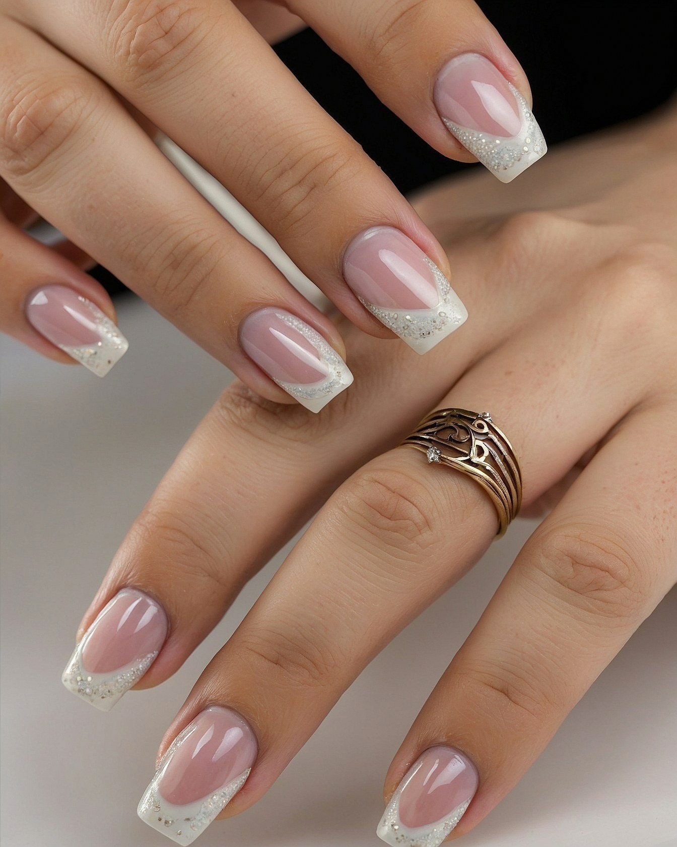 French tips with glitter accents and a statement ring