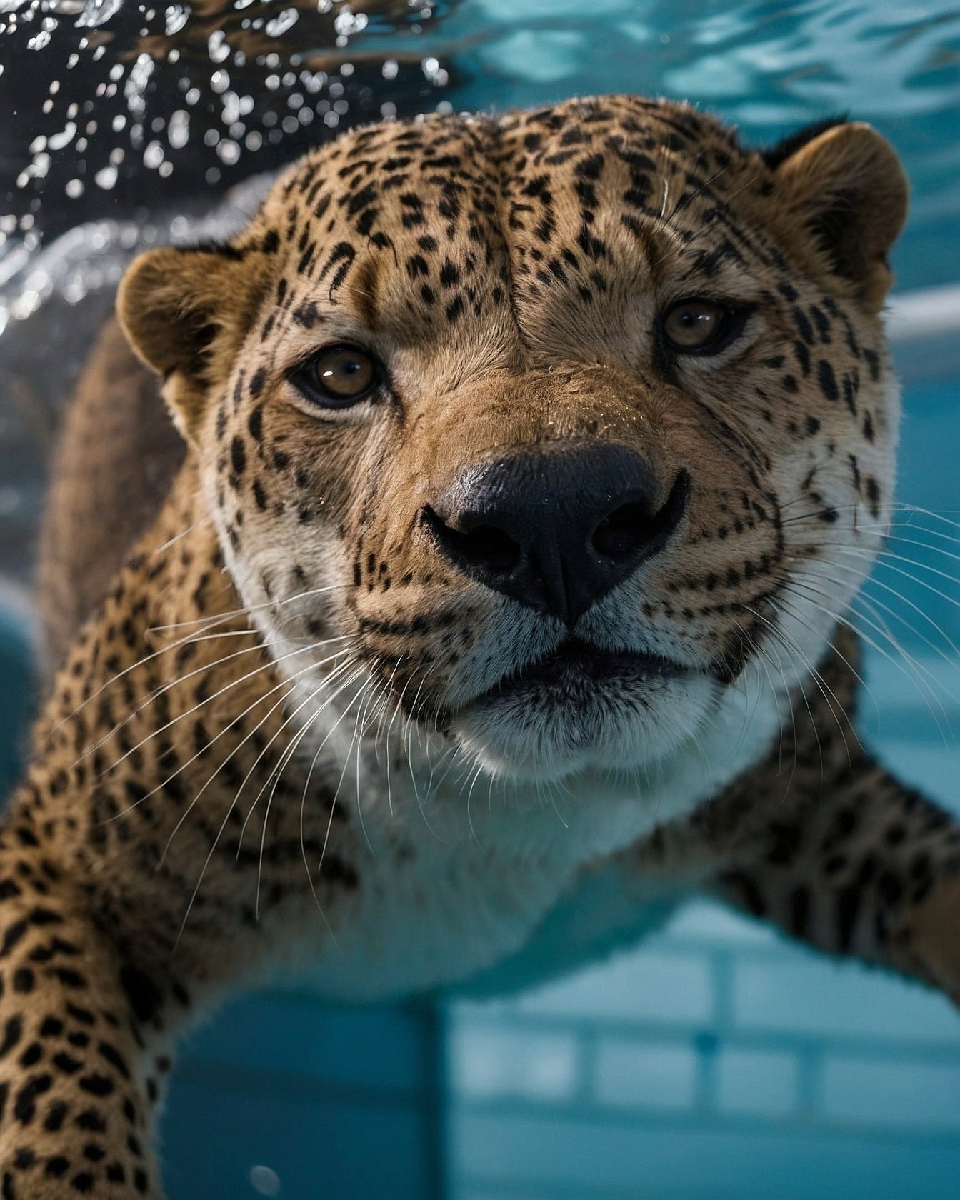 Leopard Mid-Swim: Intense Gaze Underwater