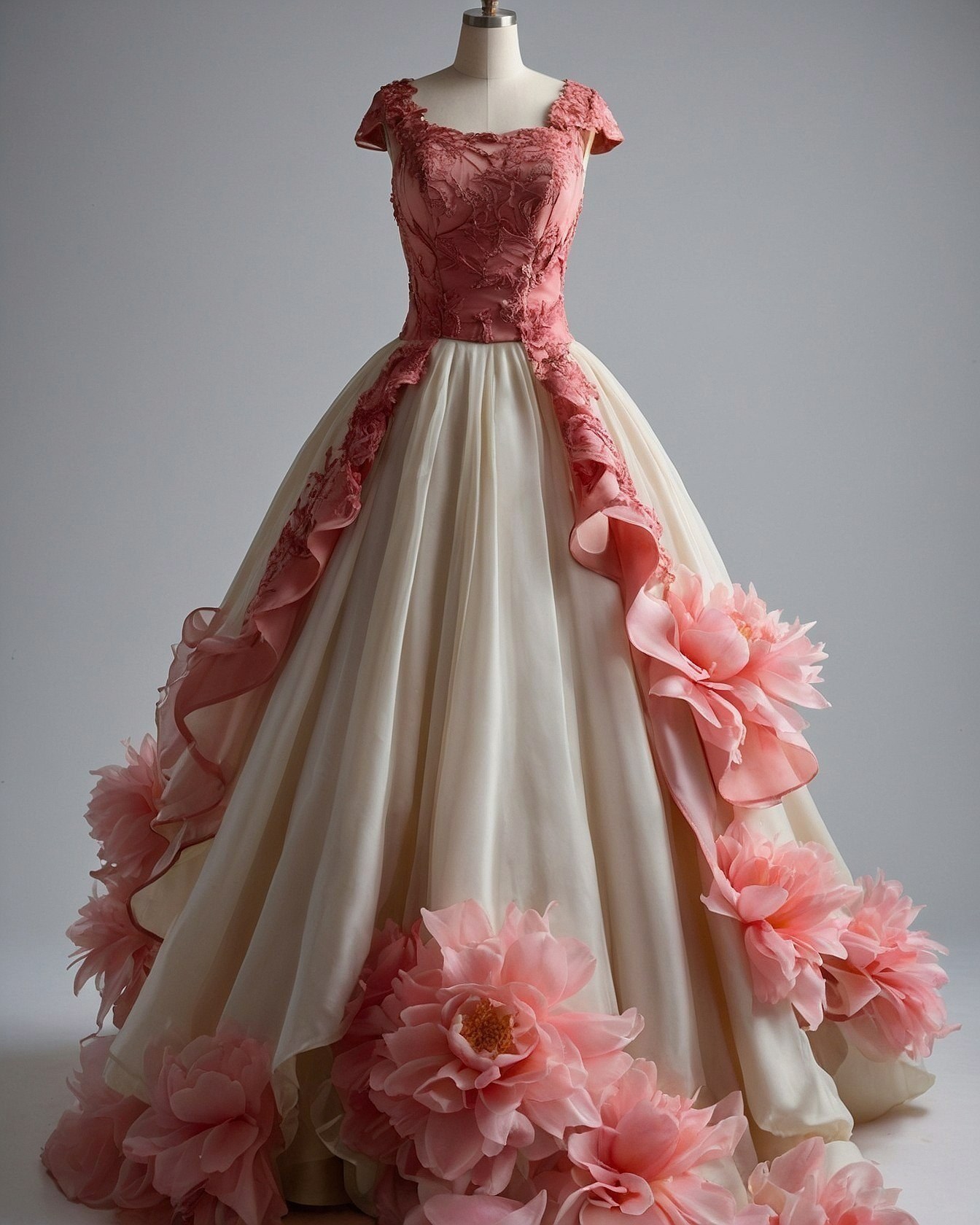 Ivory gown with striking pink floral embellishments
