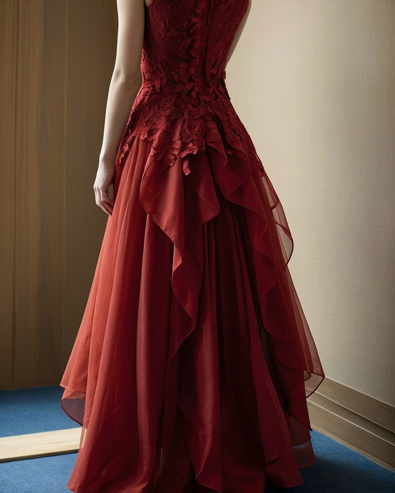 Crimson Lace Bodice and Tiered Skirt Detail