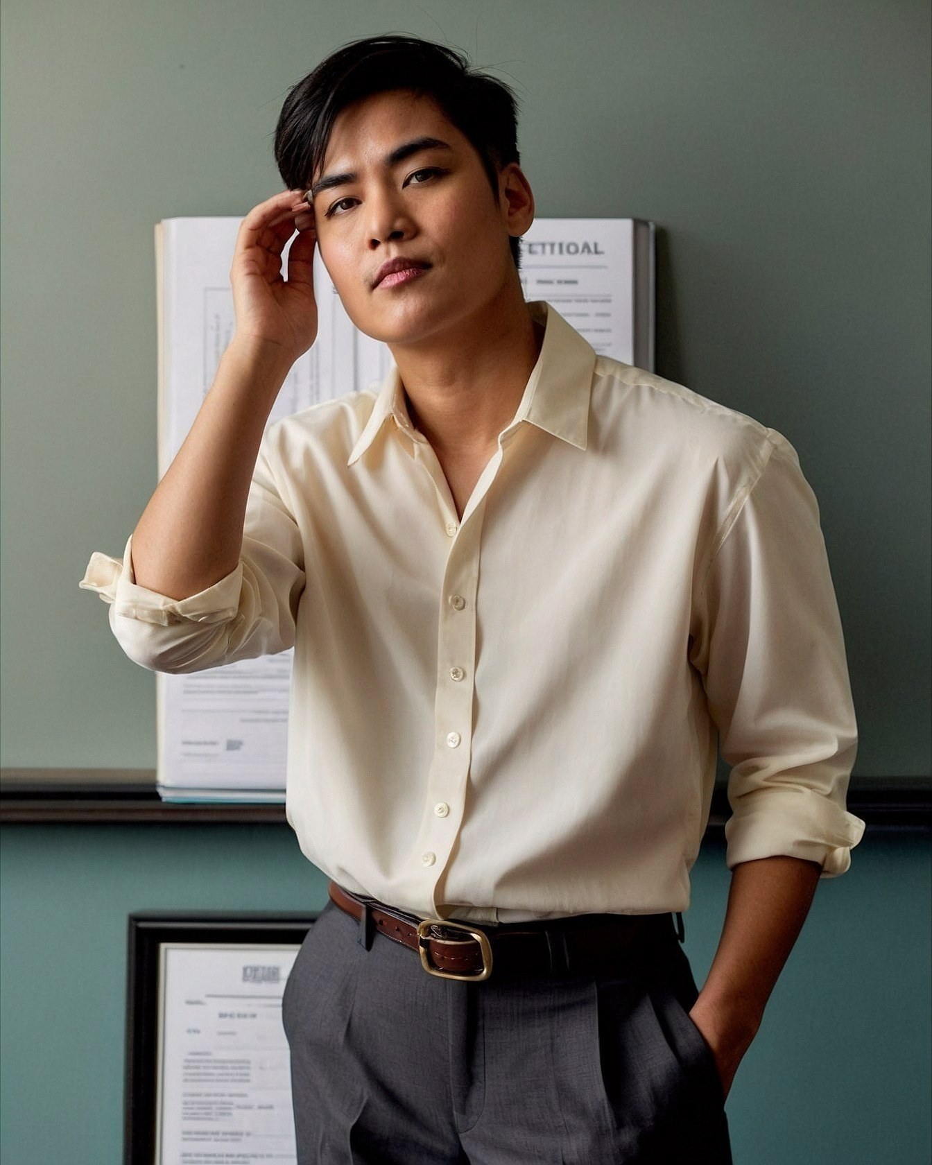 Cream Shirt, Charcoal Trousers, Casual Yet Polished Pose