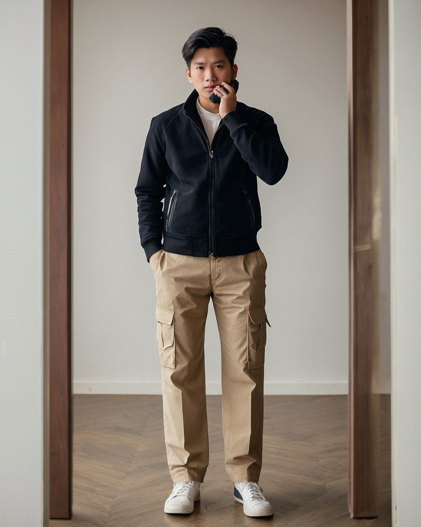 Textured Bomber Over Neutral Cargo Pants