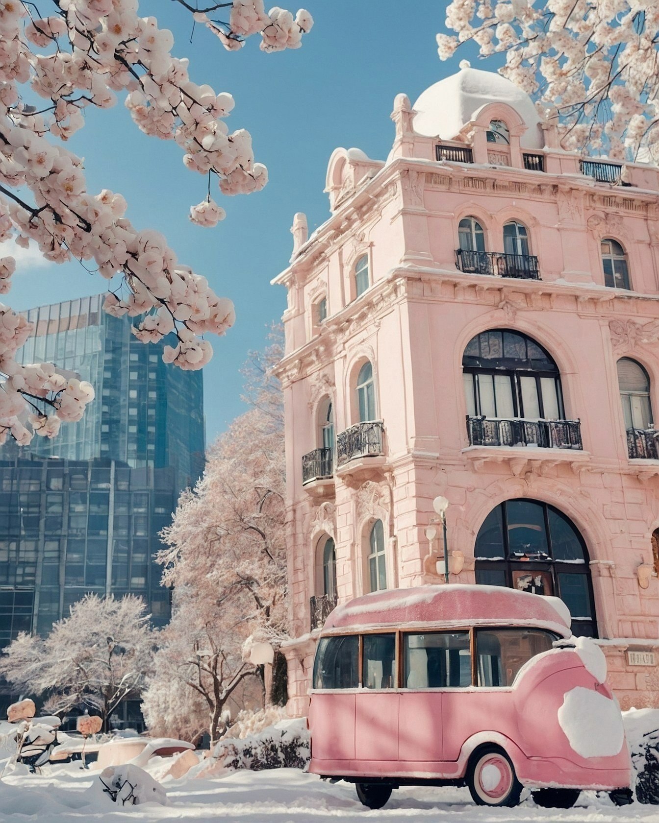 A vintage pink bus parked beside a snow-dusted building
