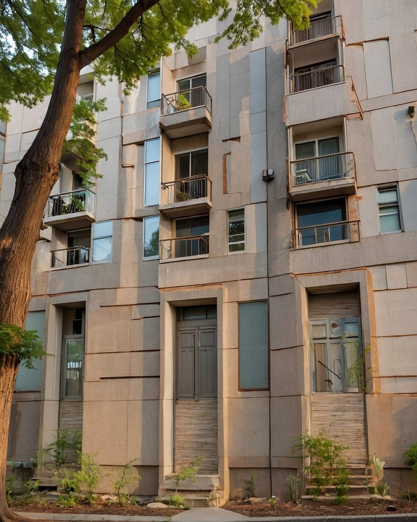 Geometric building facade bathed in warm afternoon light