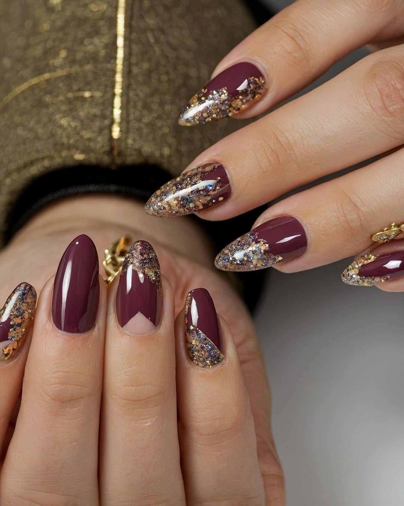 Juxtaposed Sheer and Glittered Almond Nails