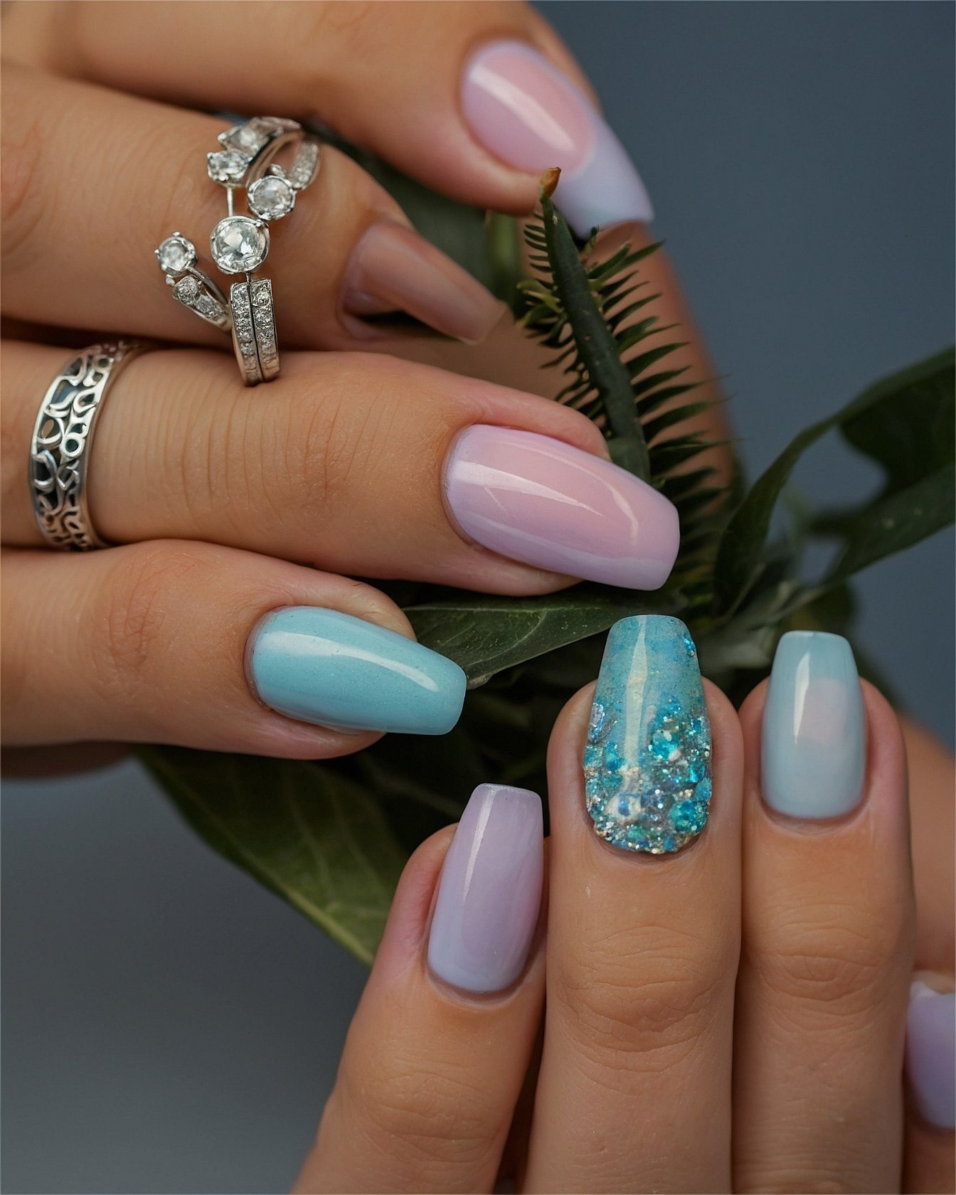 Geometric and Mirror Accents on Almond Nails