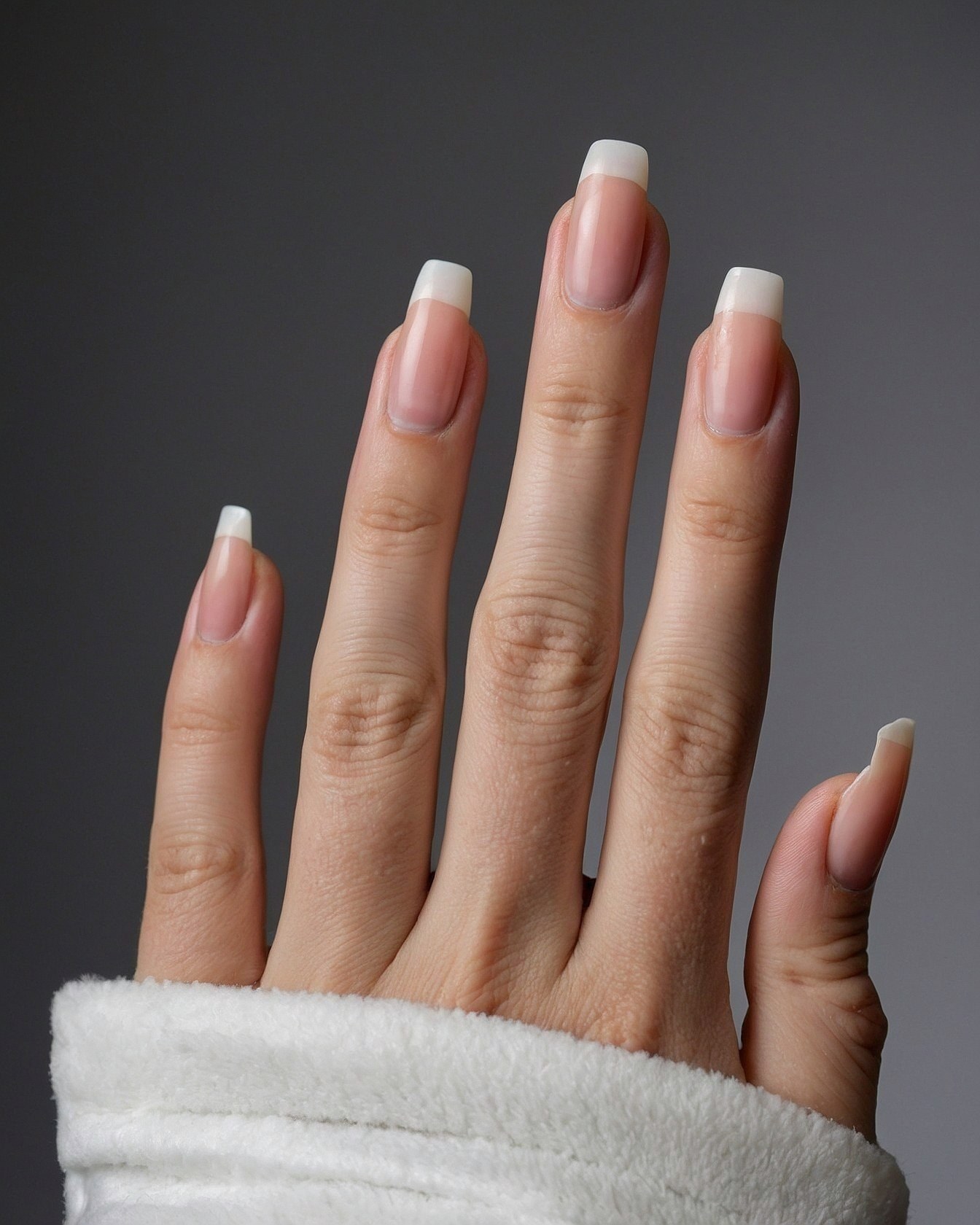 French manicure close-up: classic design on almond shape
