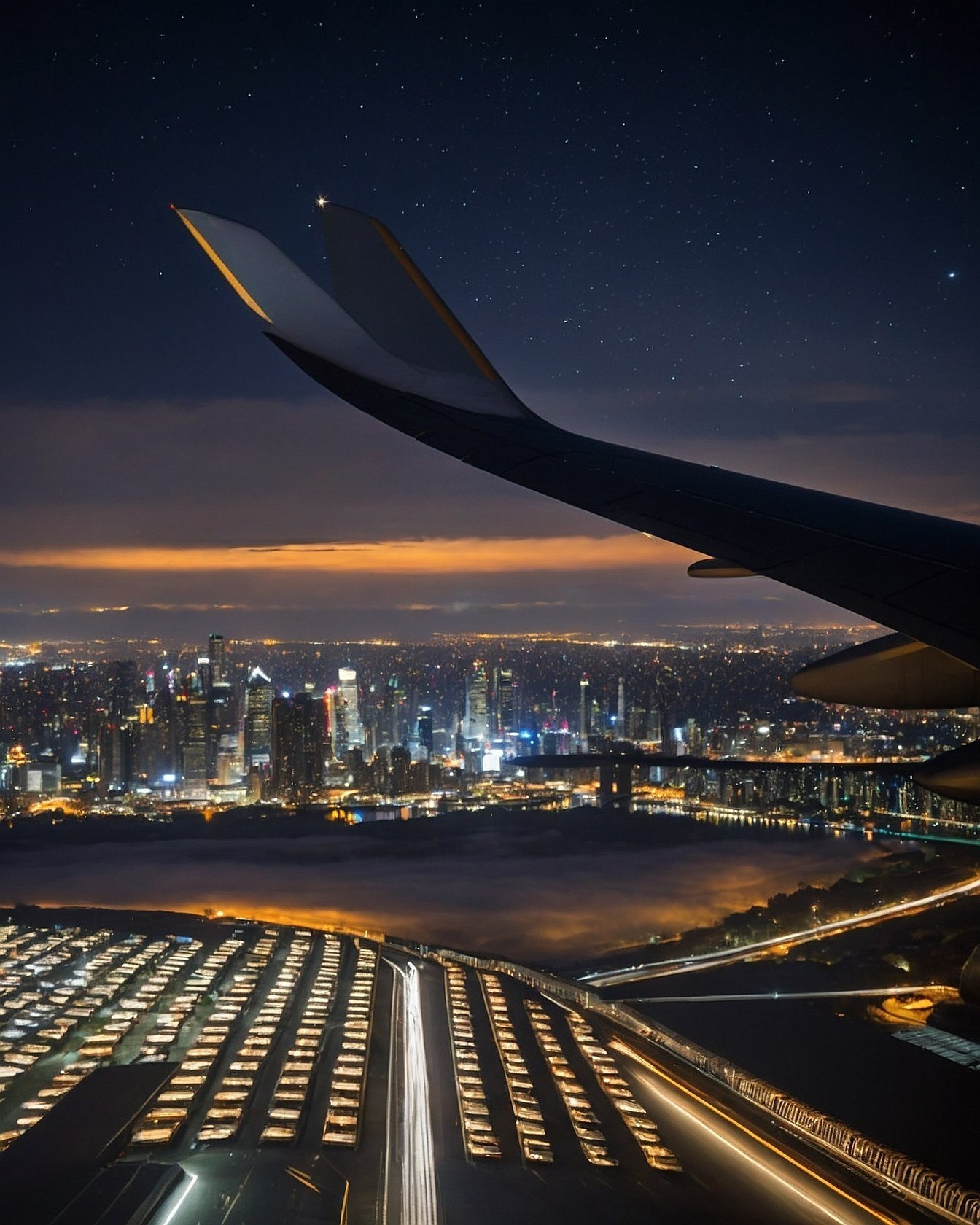 View from Above: Airplane Wing Over a Starry Night Cityscape