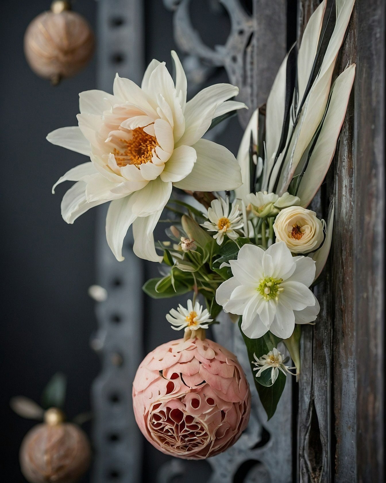 Soft-hued floral arrangement with a delicate ornament
