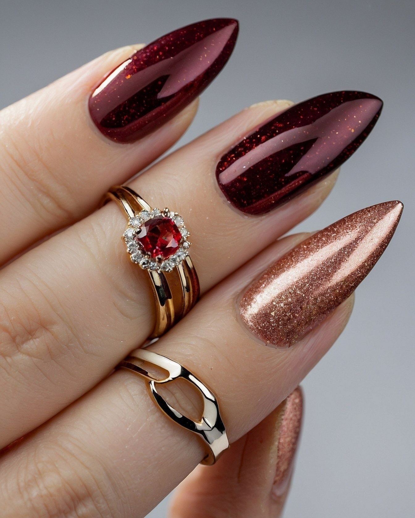 Rich Red and Copper Glitter Almond Nails