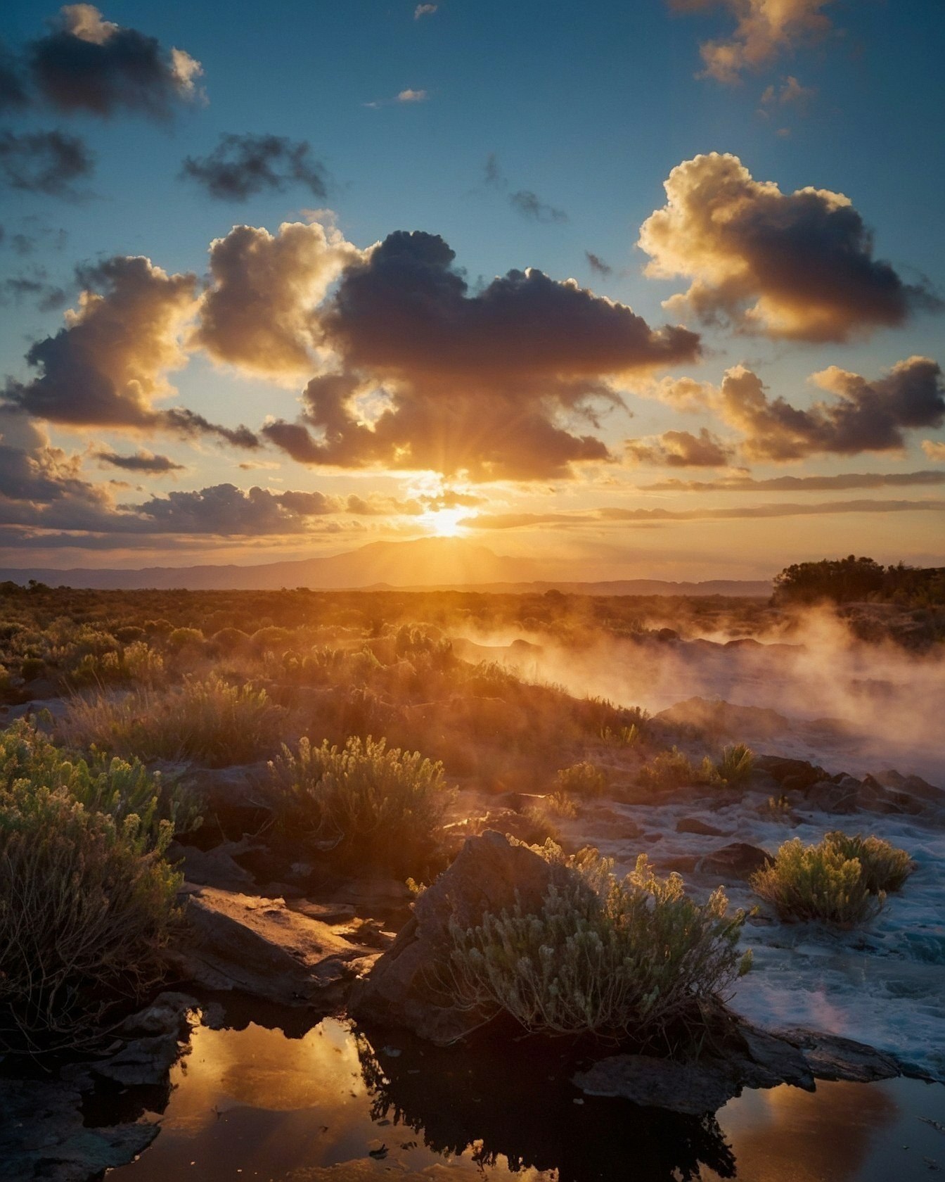 Golden hour light piercing misty desert landscape