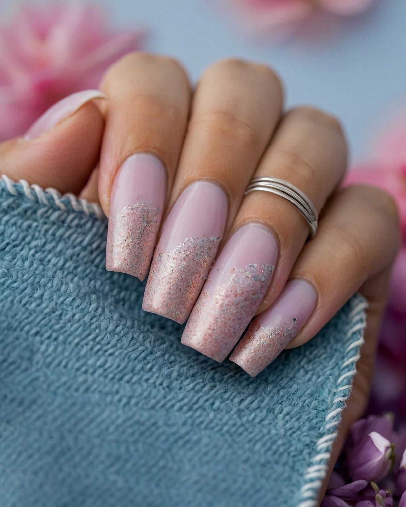 Square-tipped nails with a gradient of glitter