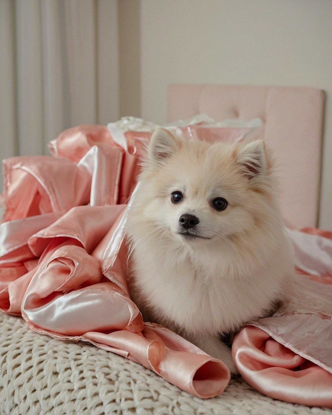 Soft Pomeranian Amongst Blush Pink Silks