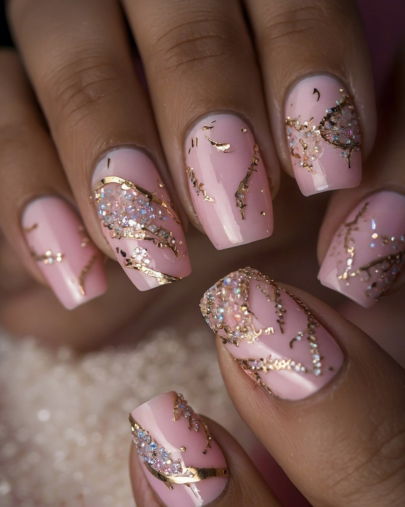 Subtle Pink Nails with Gold Accents and Crystals