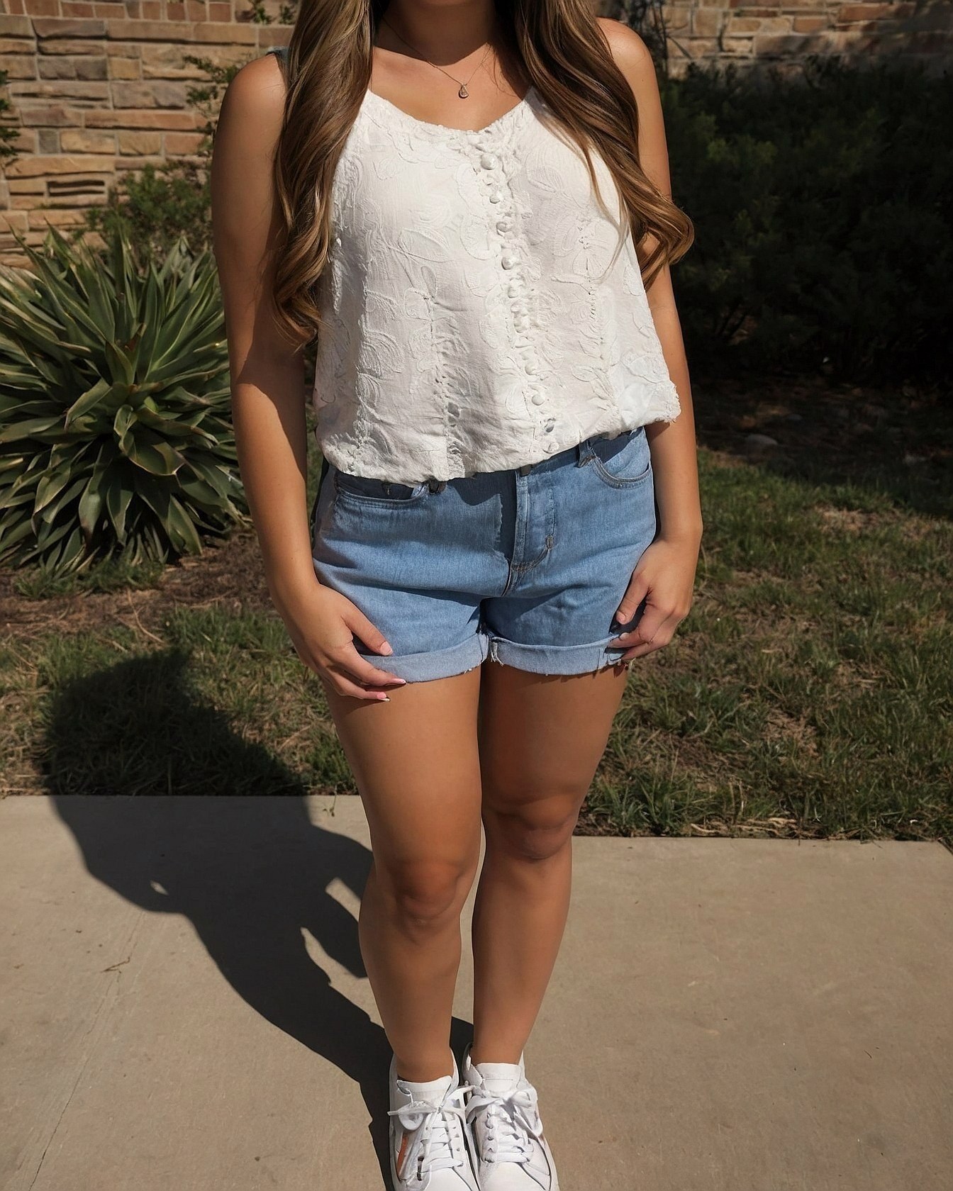 Casual Summer Outfit with Textured White Camisole