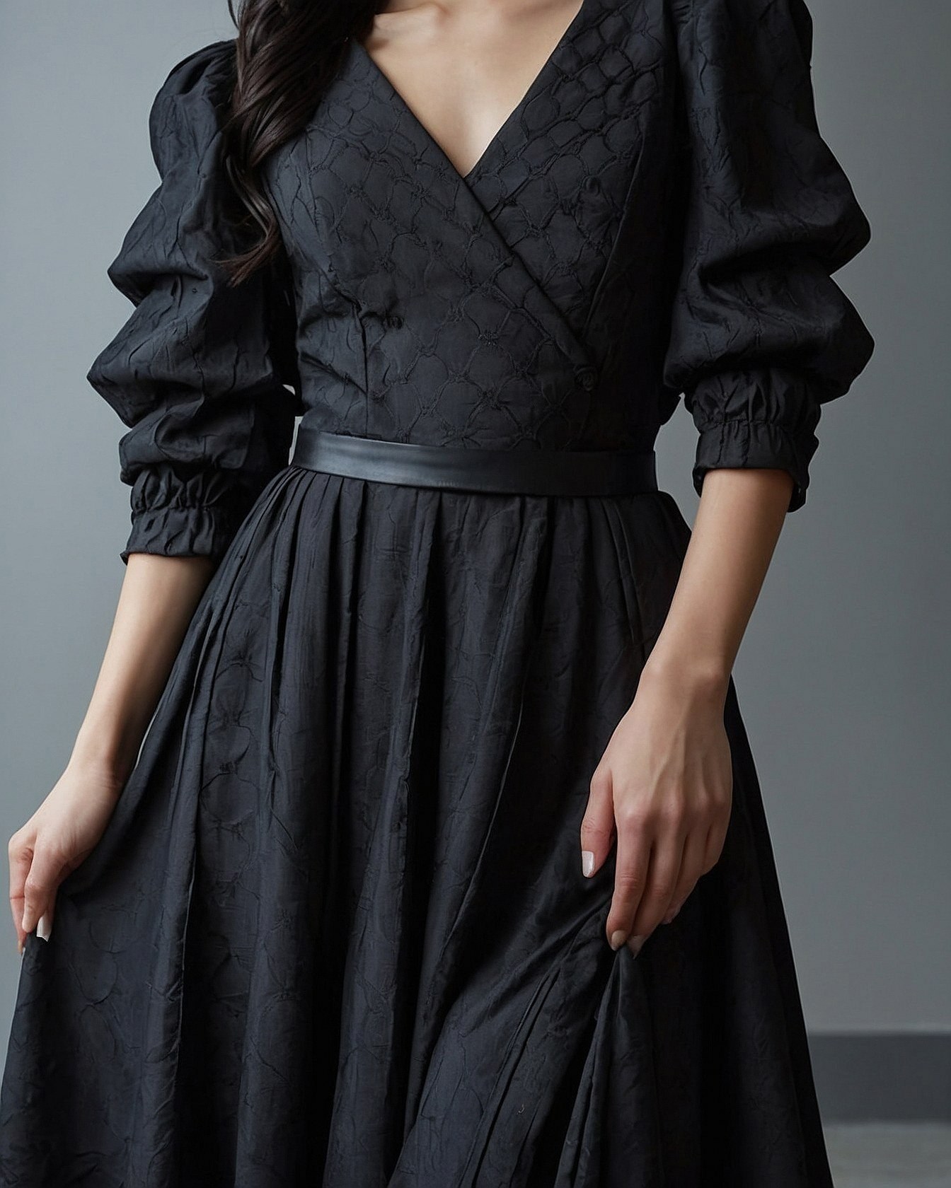 Textured Black Midi Dress with Puffed Sleeves