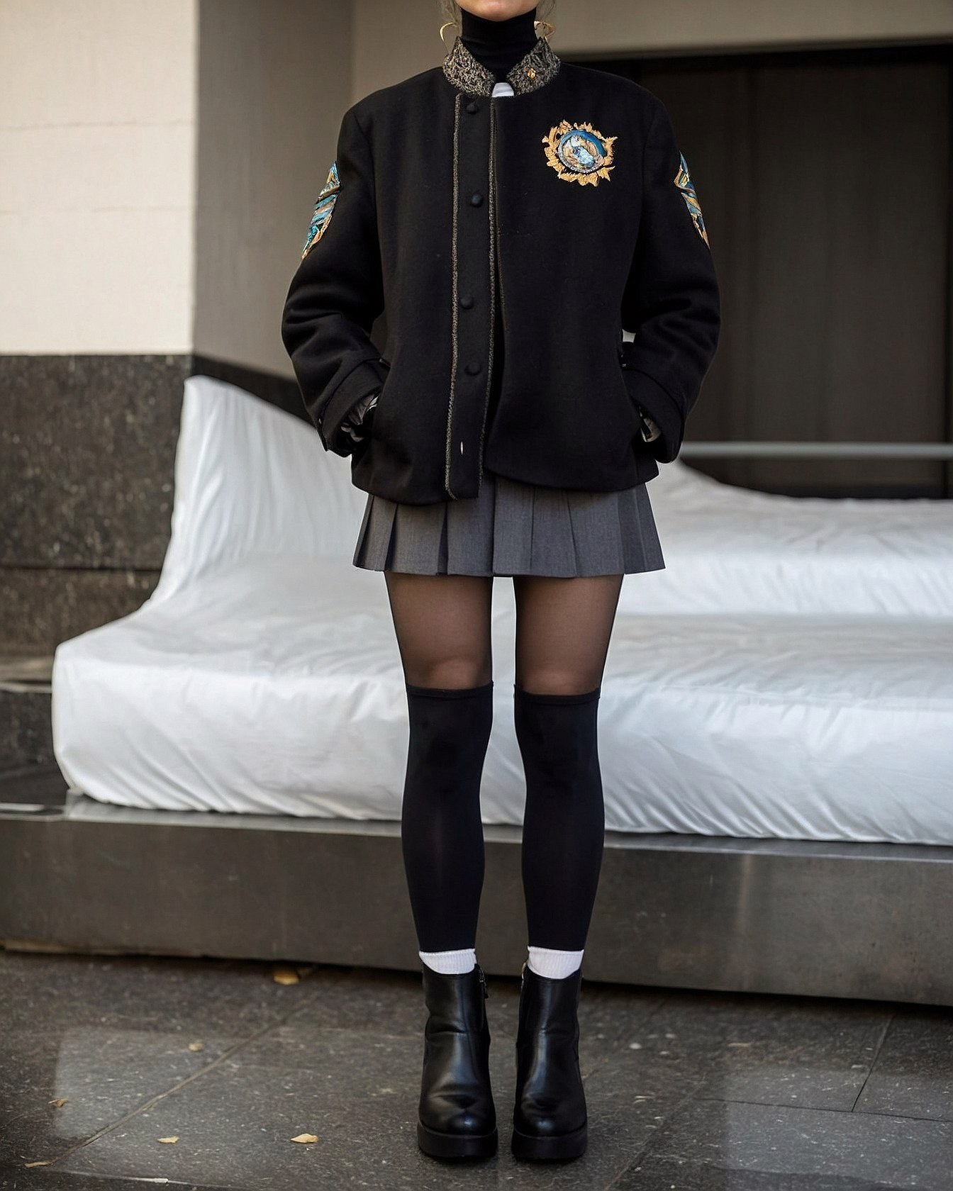 Collared Jacket Meets Pleated Skirt and Knee-Highs